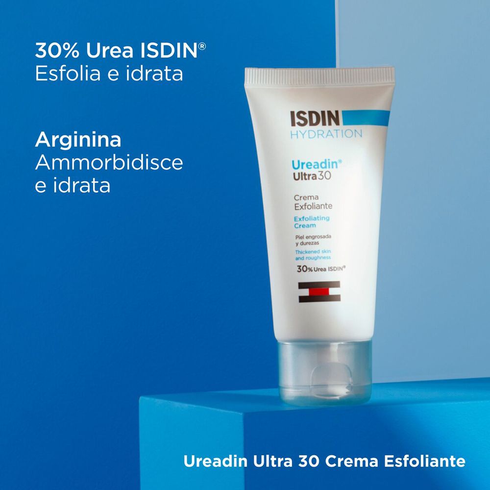 ISDIN Ureadin Ultra 30 crema, tubo. Bianco, blu. Testo: 30% Urea ISDIN, Arginina, Ureadin Ultra 30 Crema Esfoliante.
