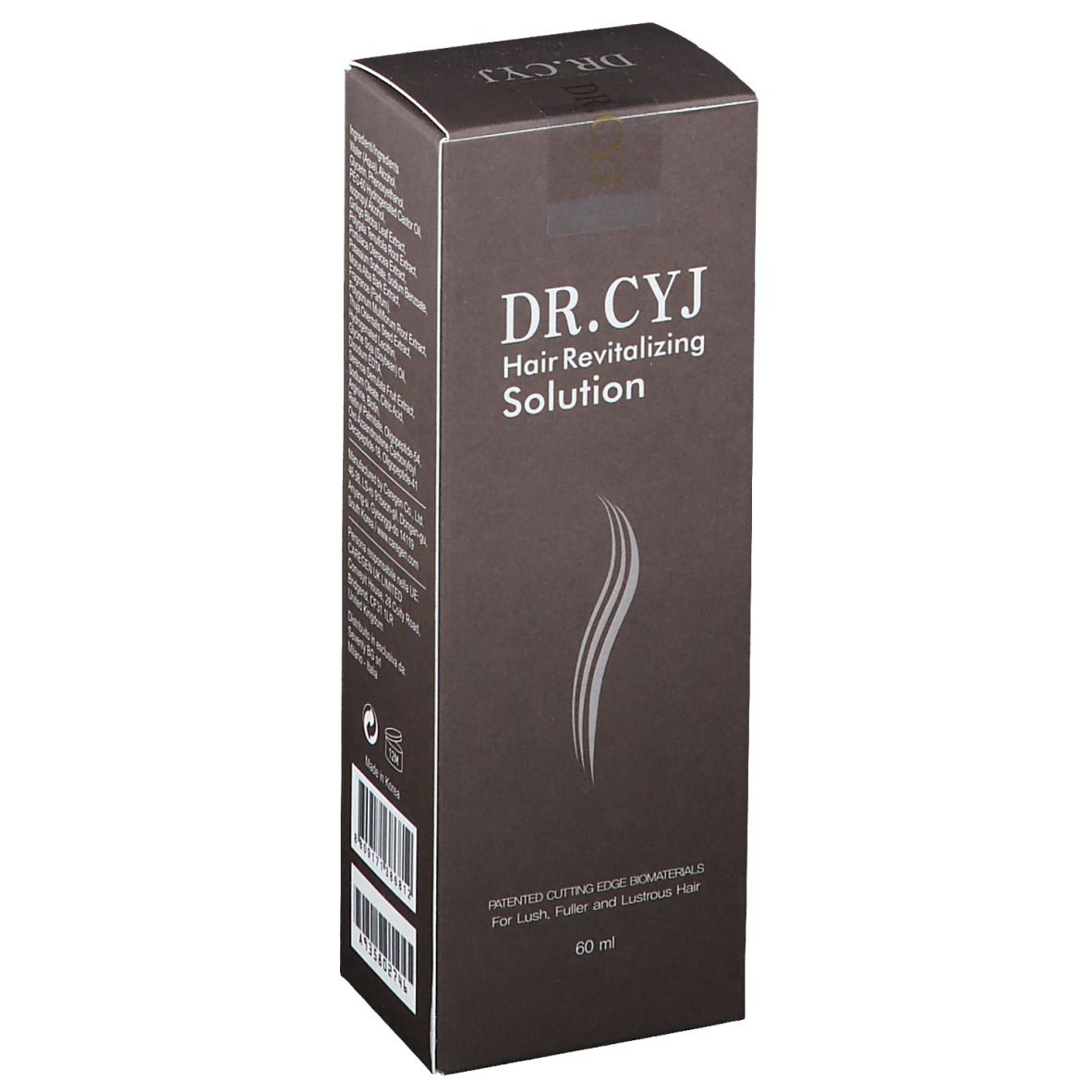 Scatola marrone scuro con testo "DR.CYJ Hair Revitalizing Solution". Simbolo capelli grigi. 60 ml.