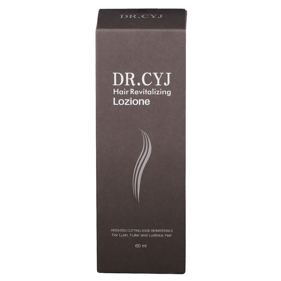 Scatola marrone scuro con testo "DR.CYJ Hair Revitalizing Lozione". Simbolo capelli grigi. 60 ml.