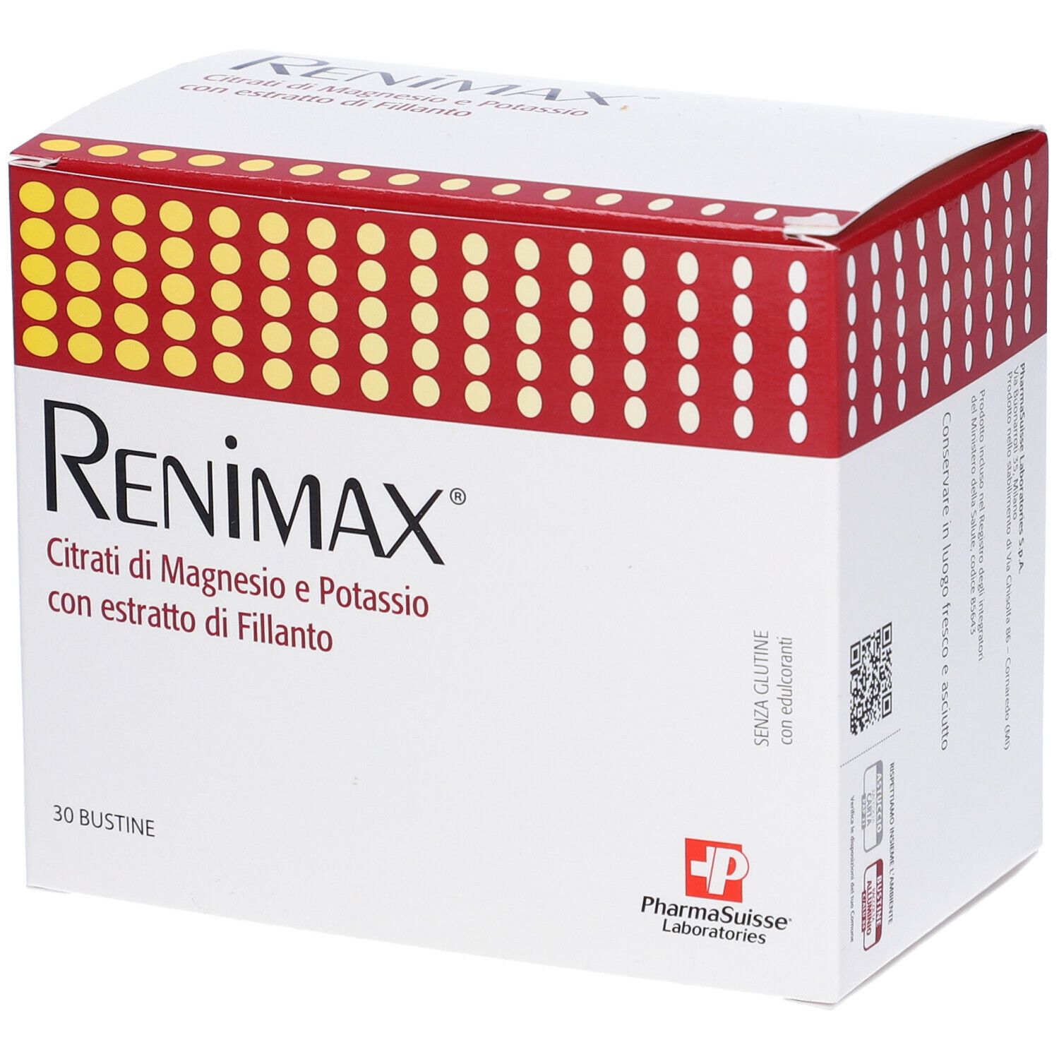 Scatola bianca con decorazioni rosse e gialle. Scritto: Renimax, 30 bustine. Contiene citrato di magnesio e potassio.