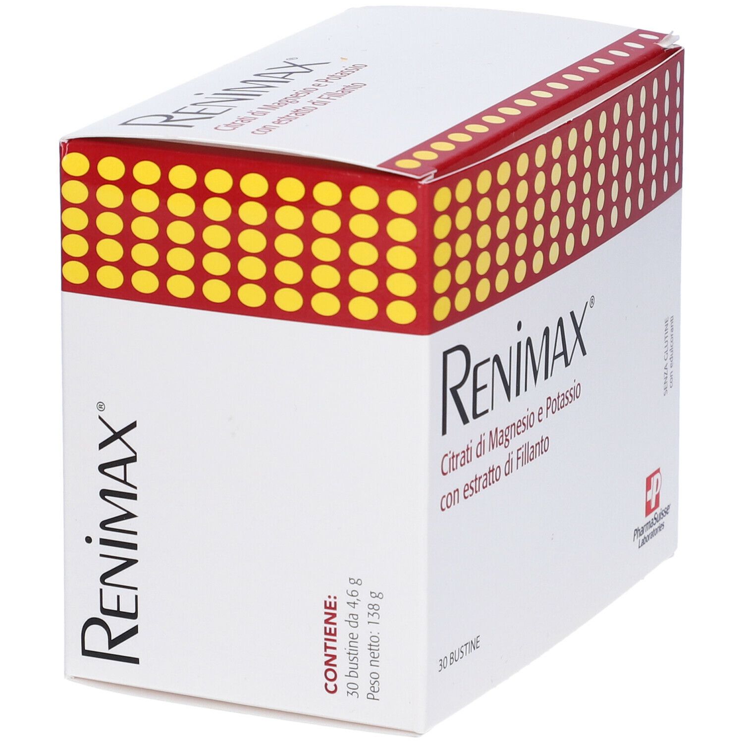 Scatola bianca con decorazioni rosse e gialle. Scritto: Renimax. Contiene 30 bustine. Contiene citrato di magnesio e potassio.
