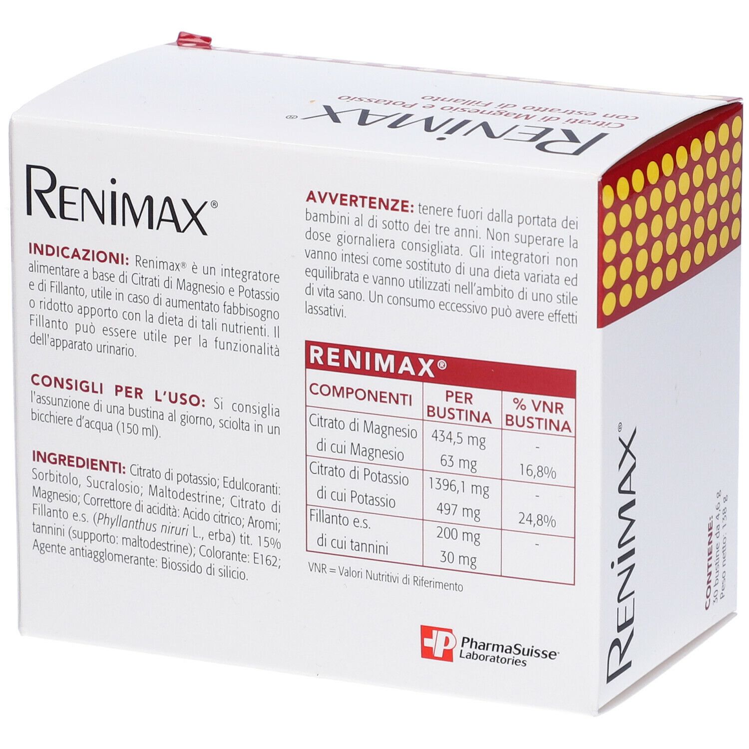 Scatola bianca con testo e informazioni. Scritto: Renimax. Contiene citrato di magnesio e potassio. Ingredienti e tabella nutrizionale.