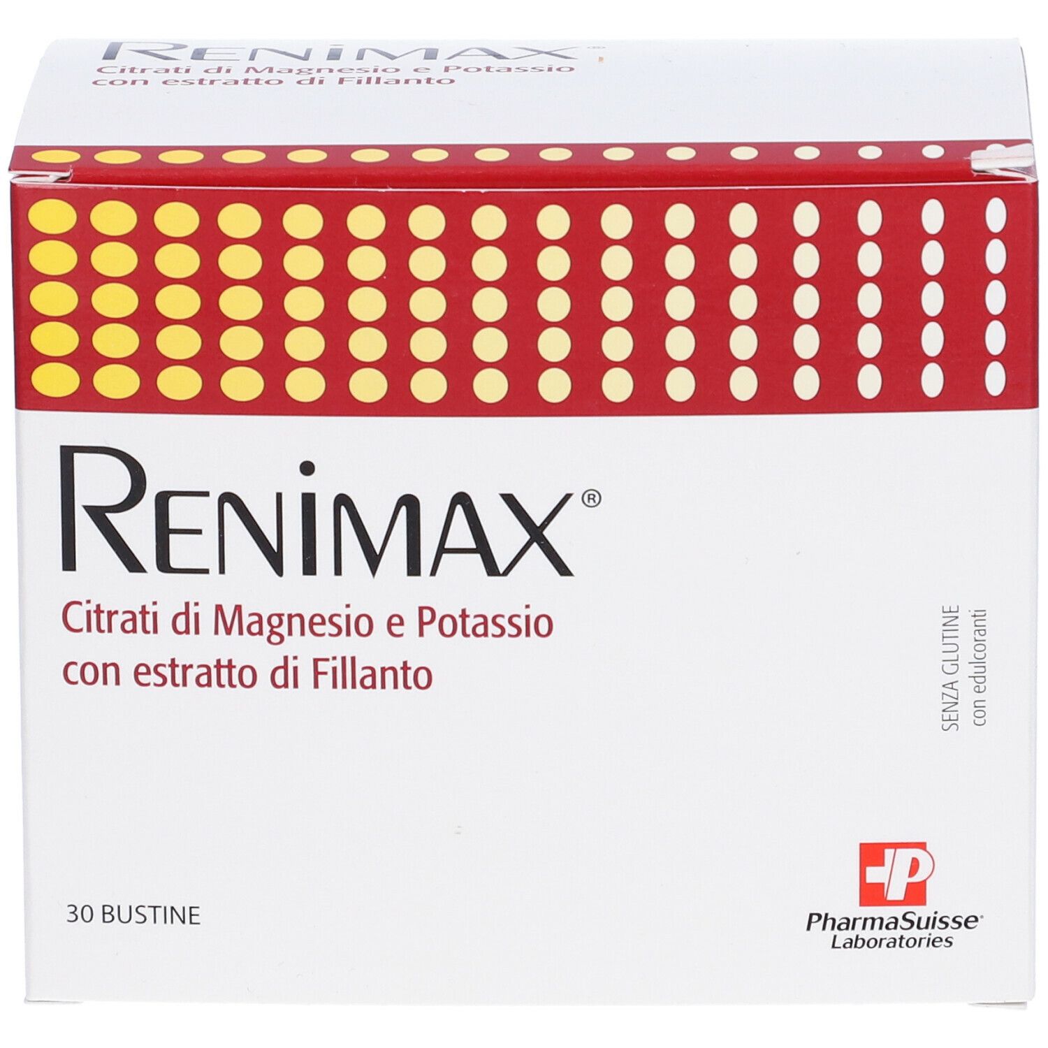 Scatola bianca con decorazioni rosse e gialle. Scritto: Renimax, 30 bustine. Contiene citrato di magnesio e potassio.