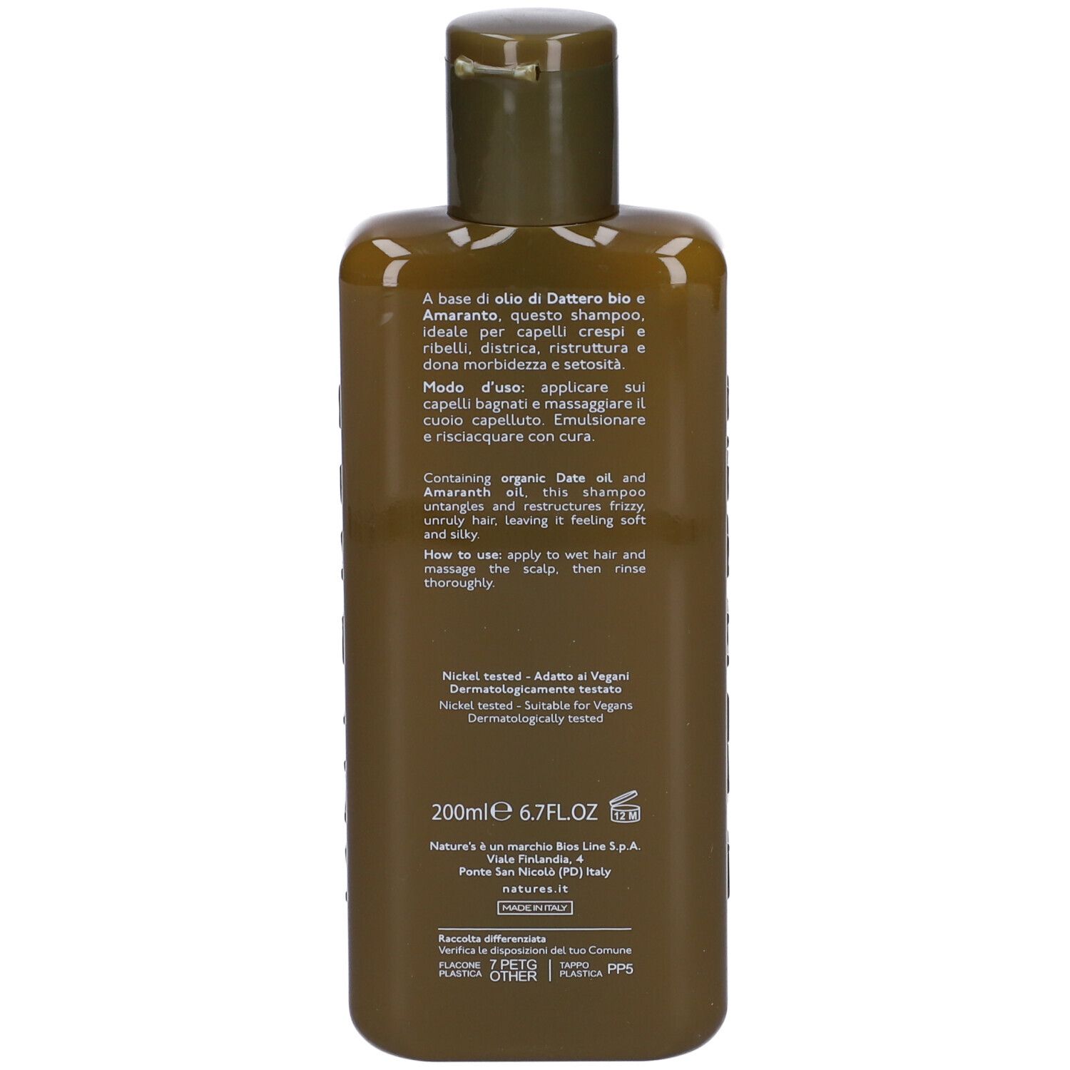 Braune Shampoo-Flasche mit weißem Etikett und Klappdeckel. Enthält 200 ml.