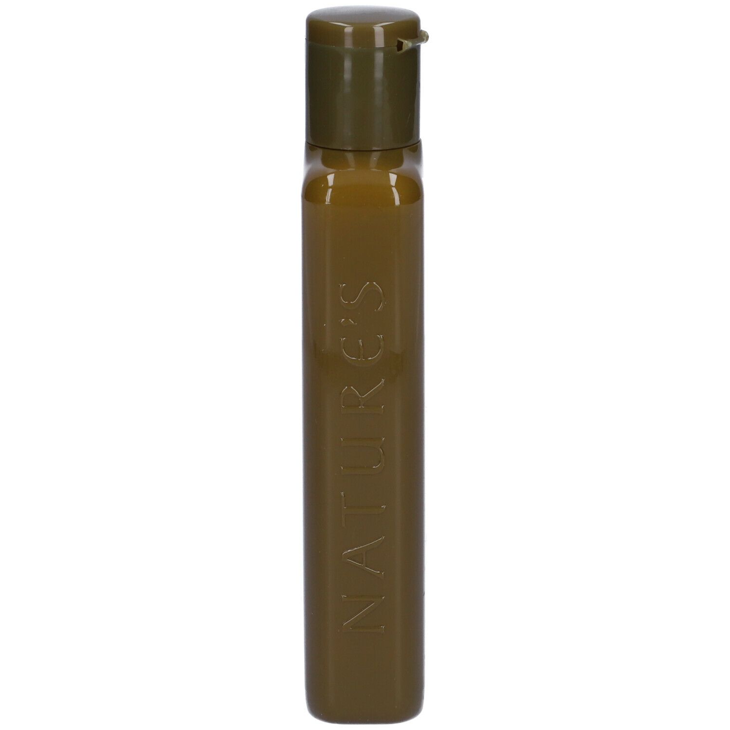 Braune Flasche mit Klappdeckel und vertieftem Schriftzug 'NATURE'S'.