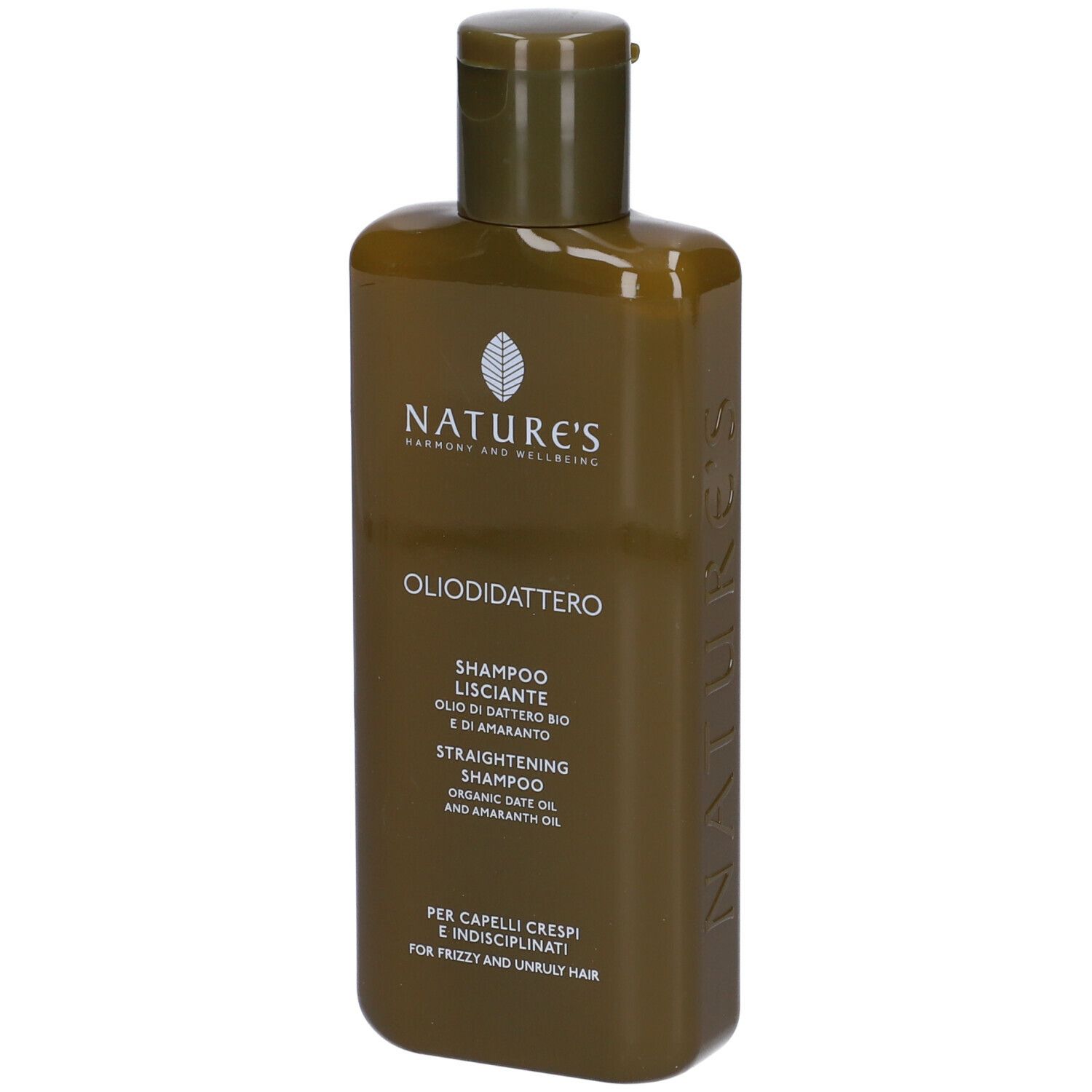 Braune Shampoo-Flasche mit Klappdeckel. Marke: Nature's. Produkt: Straightening Shampoo.