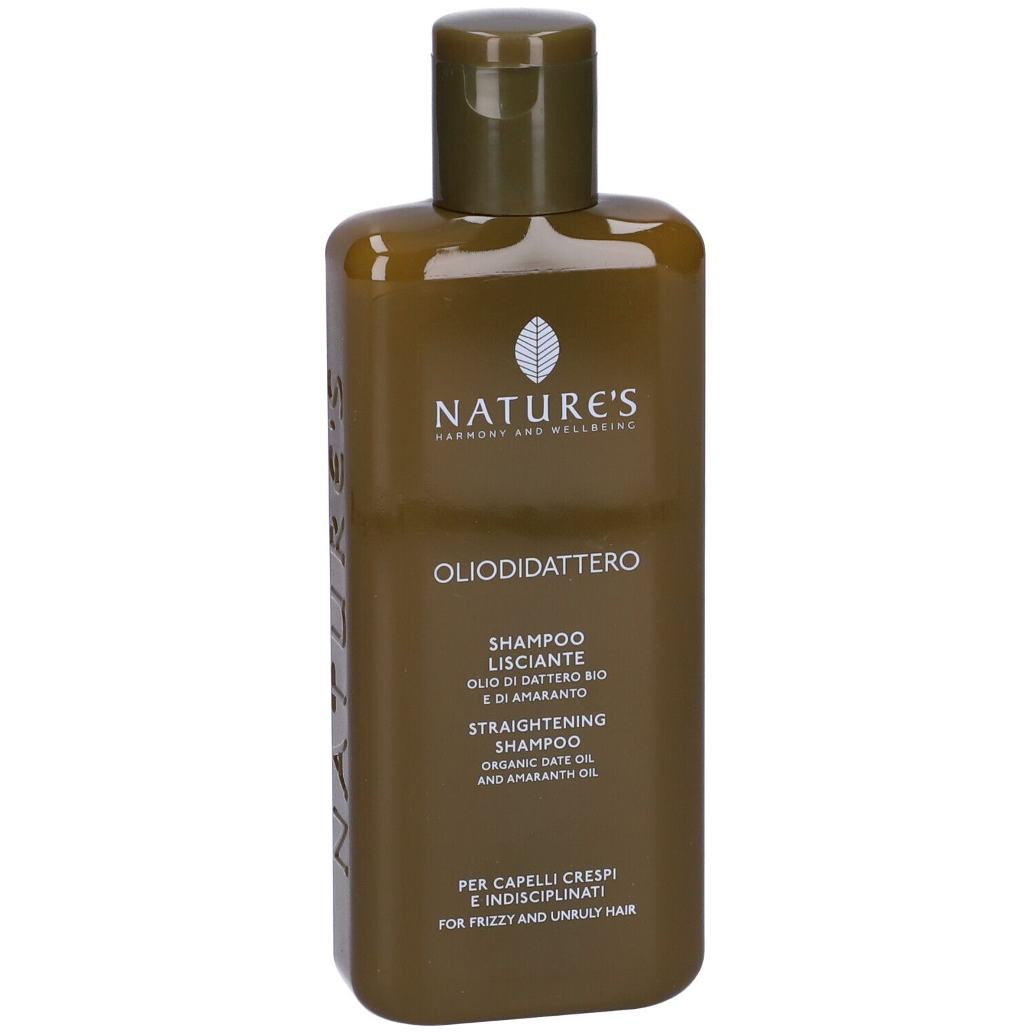 Braune Flasche Nature's Straightening Shampoo mit Olio di Dattero und Amaranthöl für widerspenstiges Haar.