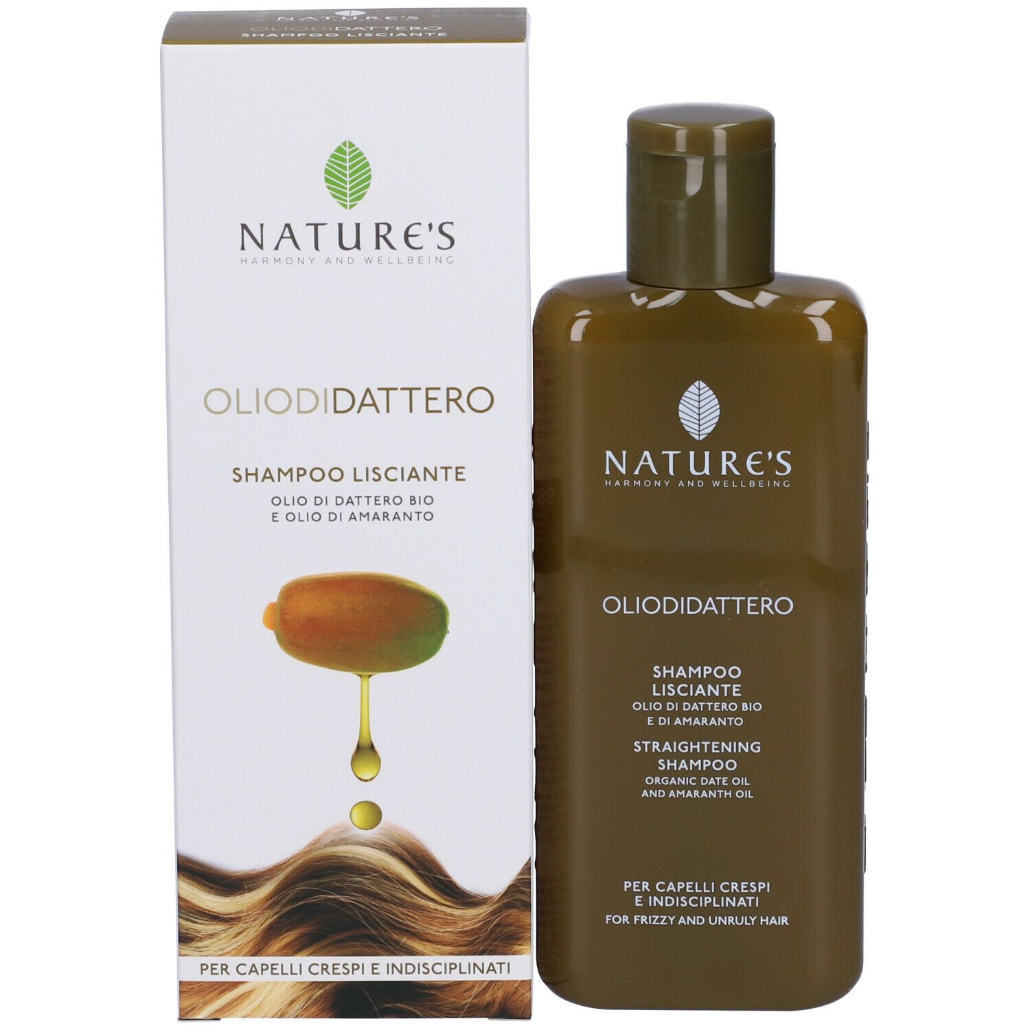 Nature's Olioidattero Glättungsshampoo Flasche und Karton. Mit Dattel- und Amaranthöl.