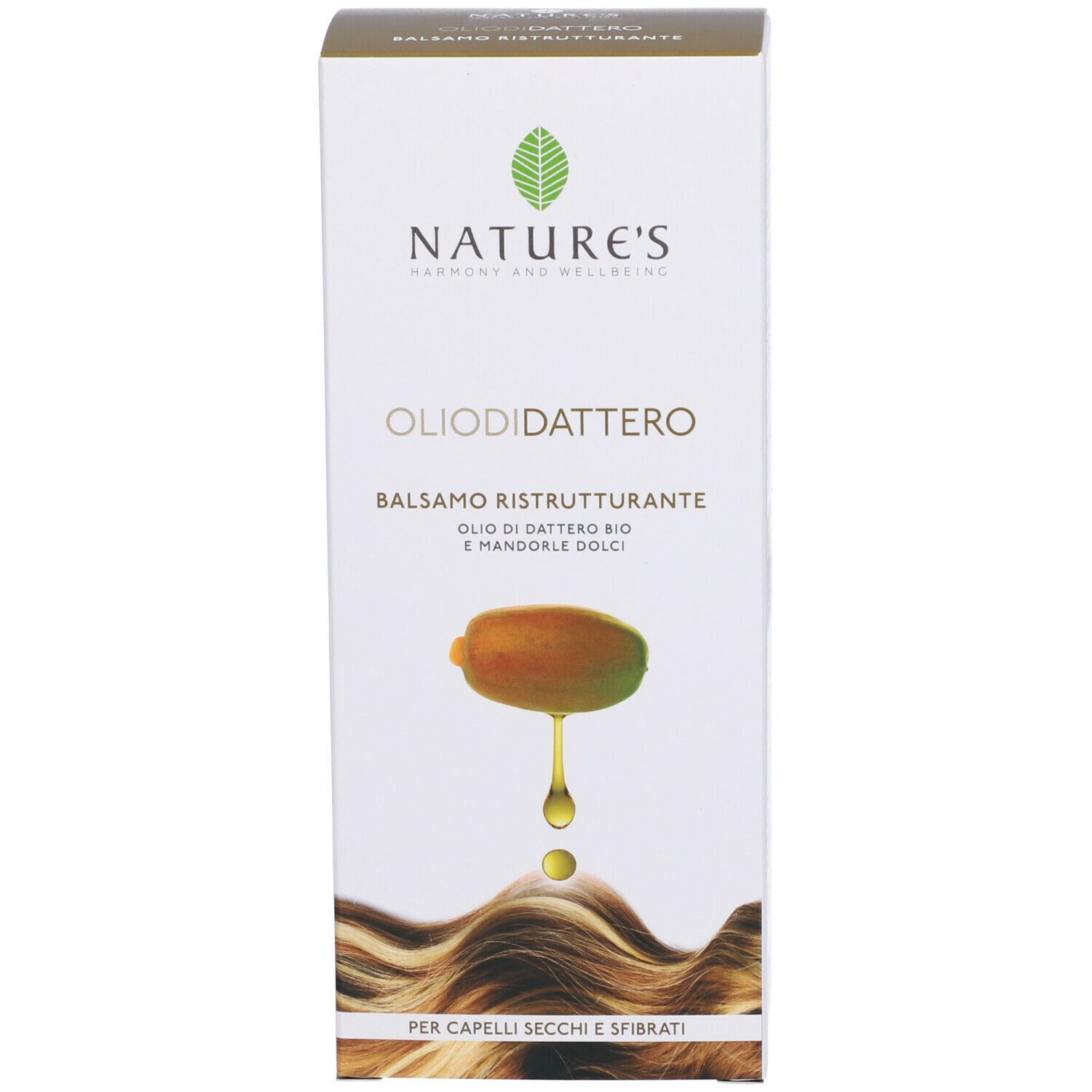 Confezione del prodotto: scatola con nome del prodotto, logo e immagine di dattero e goccia d'olio.