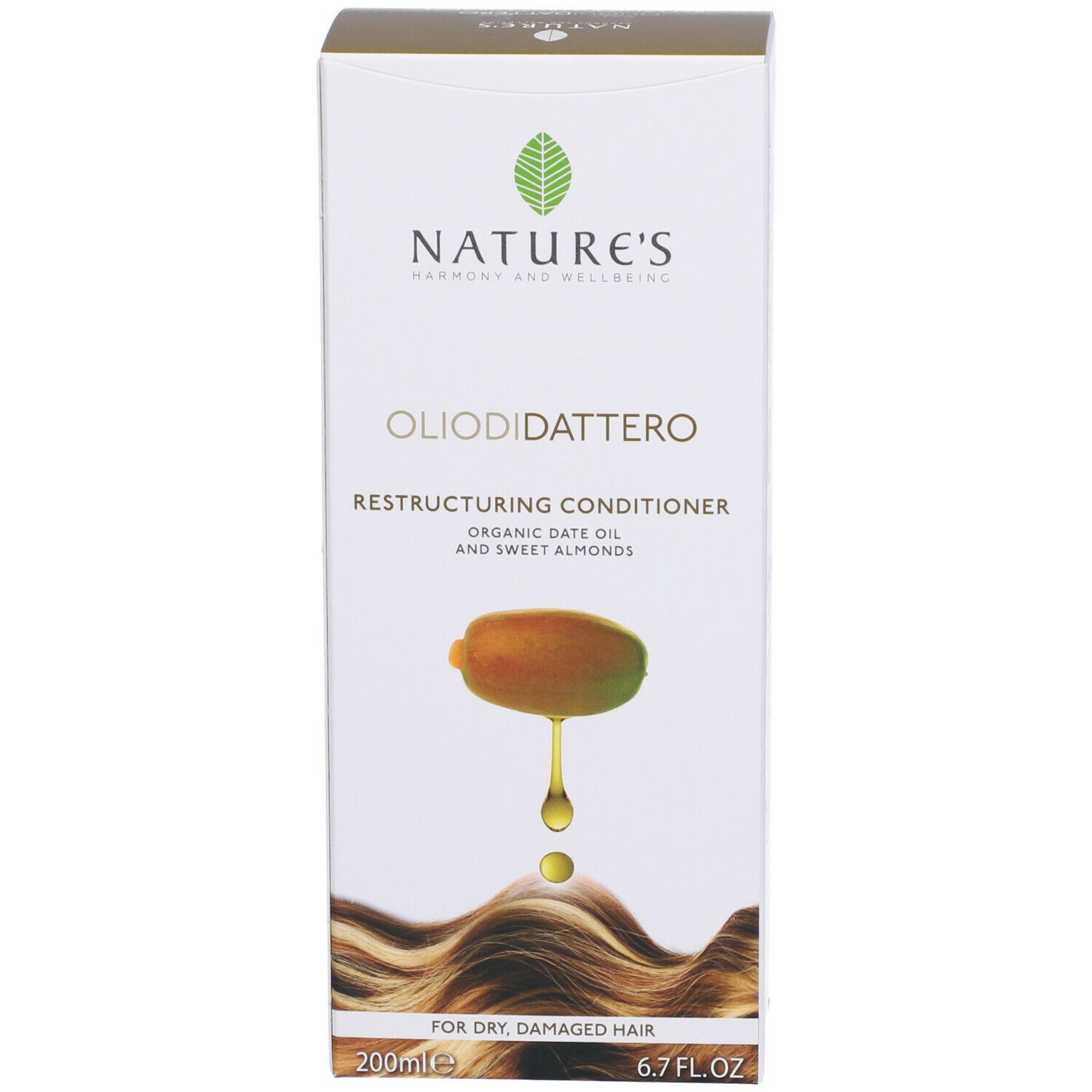 Scatola con nome del prodotto, logo e immagine di dattero e goccia d'olio. Testo in inglese.