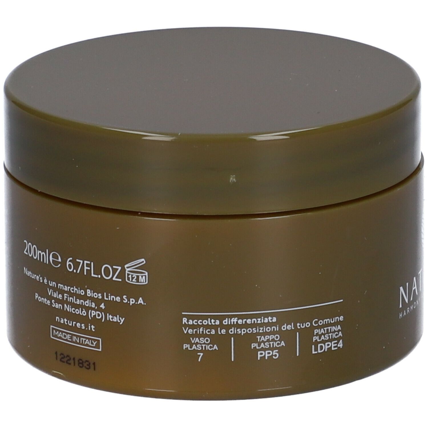 Barattolo marrone con coperchio. Scritta NATURE'S, sotto Maschera Lisciante. Testo in italiano e inglese. 200ml.