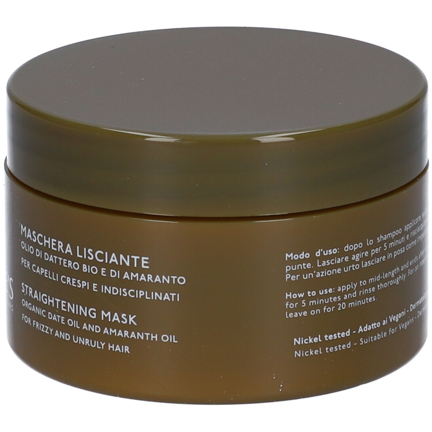 Barattolo marrone con coperchio. Scritta NATURE'S, sotto Maschera Lisciante. Testo in italiano e inglese.