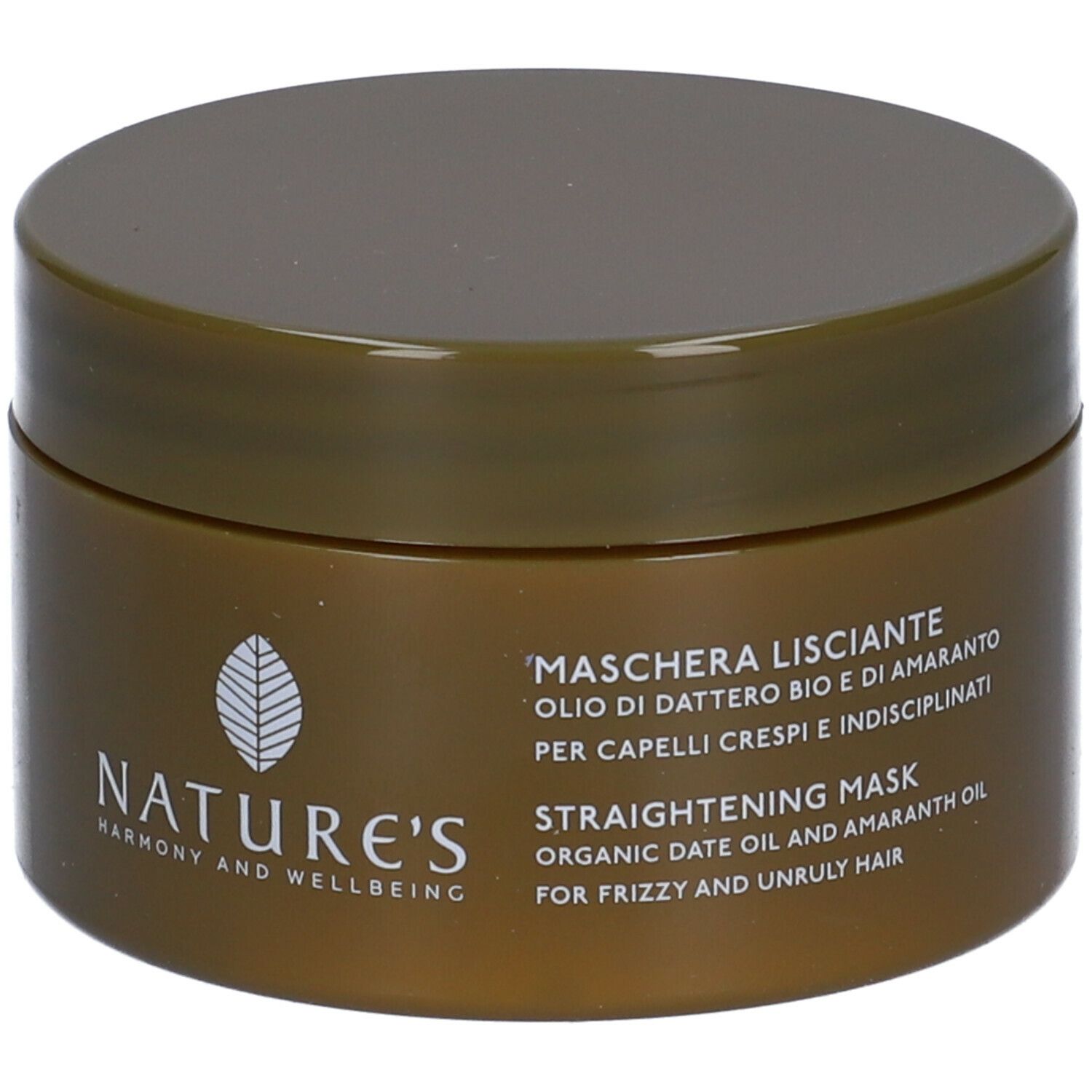 Barattolo marrone con coperchio. Scritta NATURE'S, sotto Maschera Lisciante. Testo in italiano e inglese.