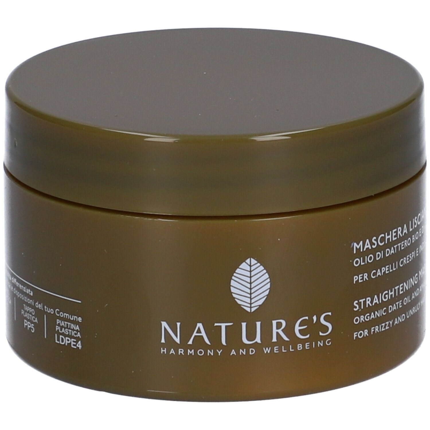 Barattolo marrone con coperchio. Scritta NATURE'S, sotto Maschera Lisciante. Testo in italiano e inglese.