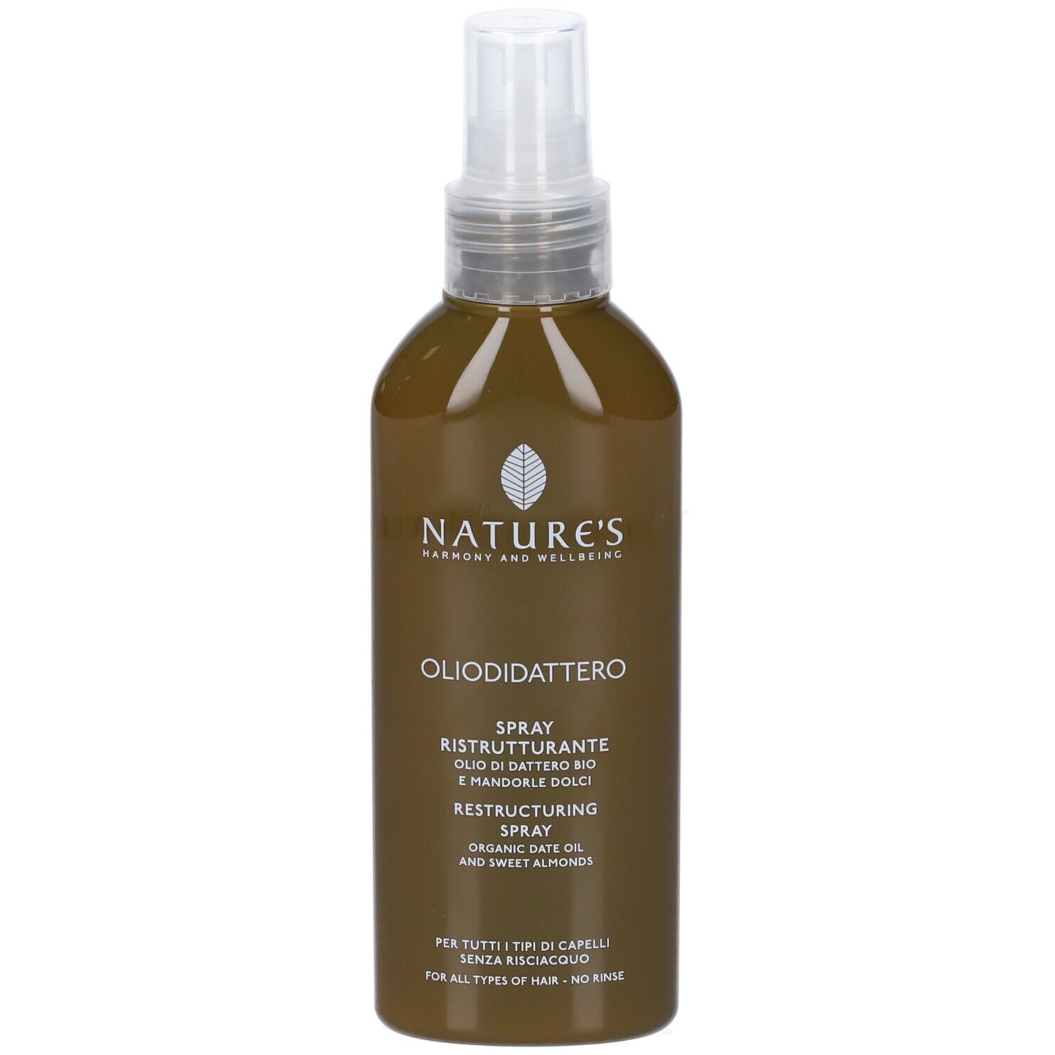 Nature's Restructuring Spray in brauner Flasche mit Pumpspender. Enthält Bio-Dattelöl und süße Mandeln.