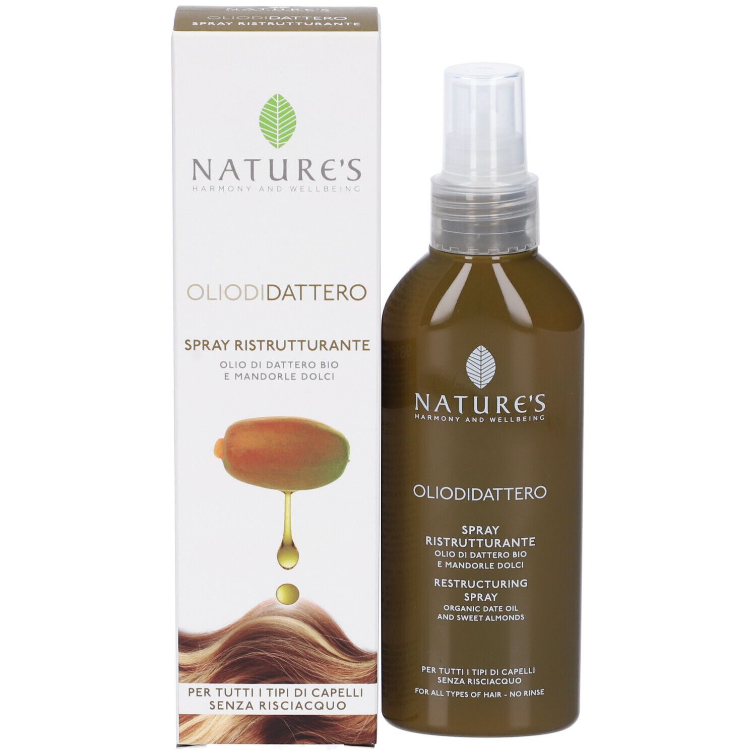 Nature's Olio di Dattero Spray: Braune Sprühflasche mit weißem Etikett, daneben die passende Verpackung. Enthält Bio-Dattelöl und süße Mandeln.
