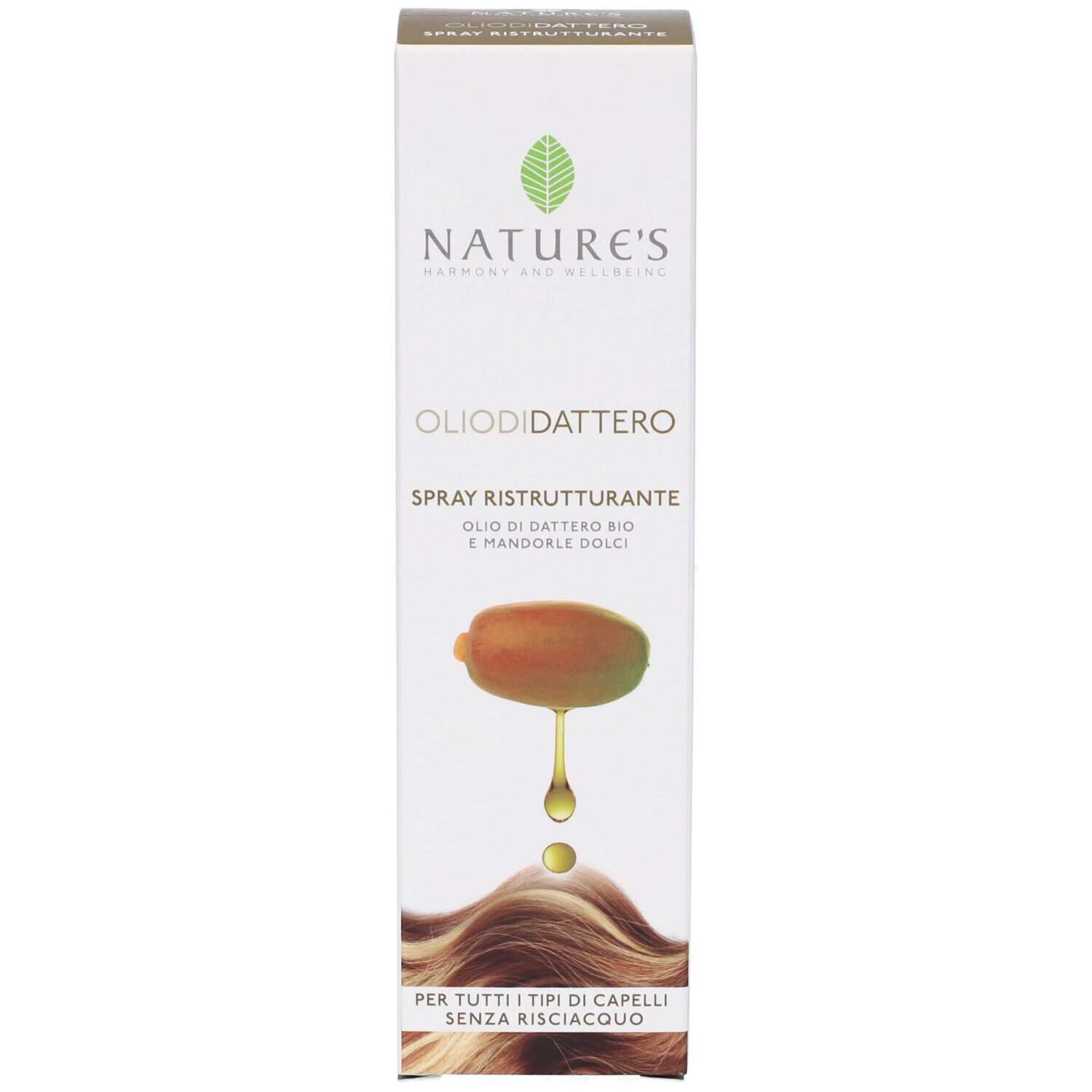 Nature's Olio di Dattero Spray Ristrutturante mit Dattel- und Mandelöl für alle Haartypen.