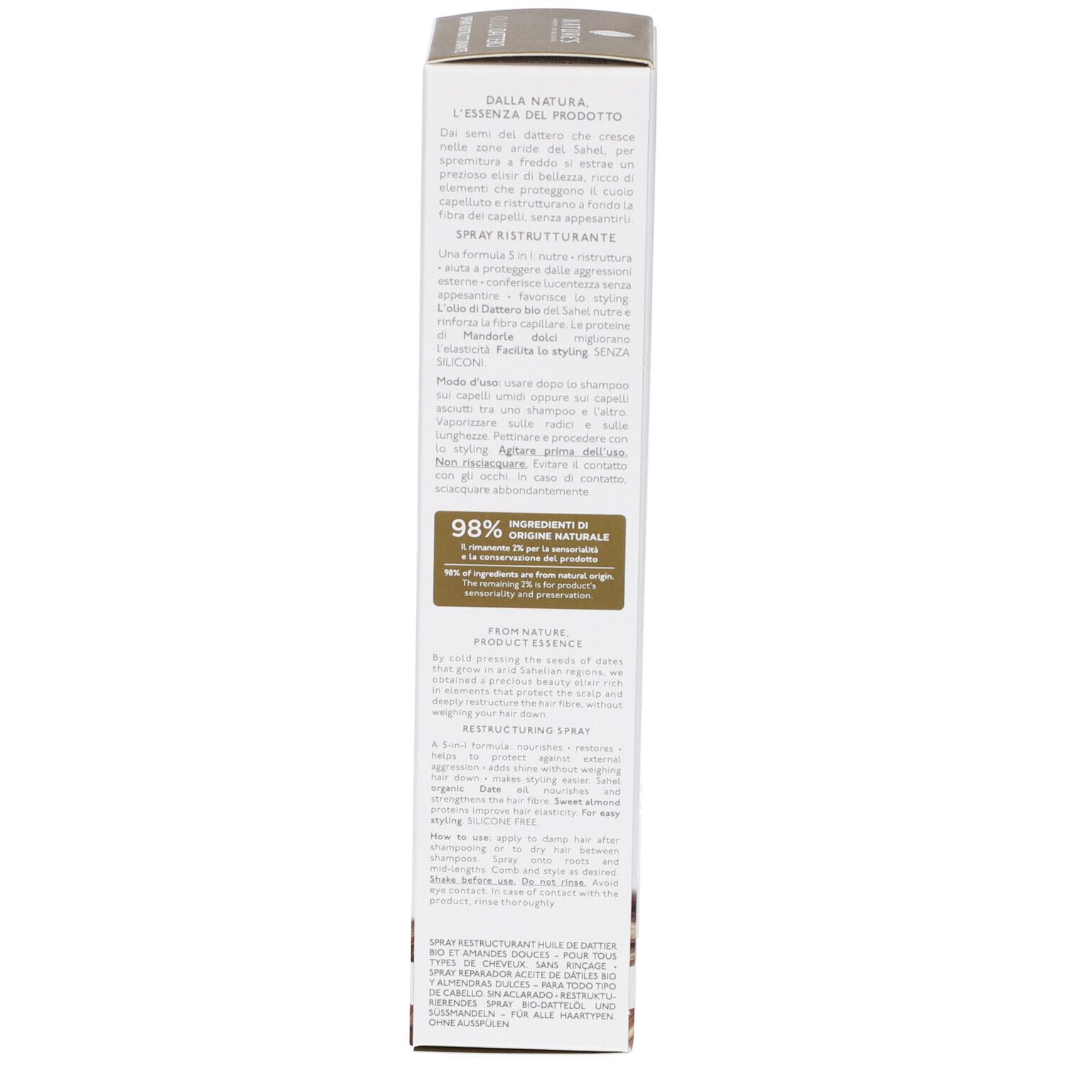 Verpackung eines Haarsprays mit Textangaben und 98% natürlichem Ursprung.