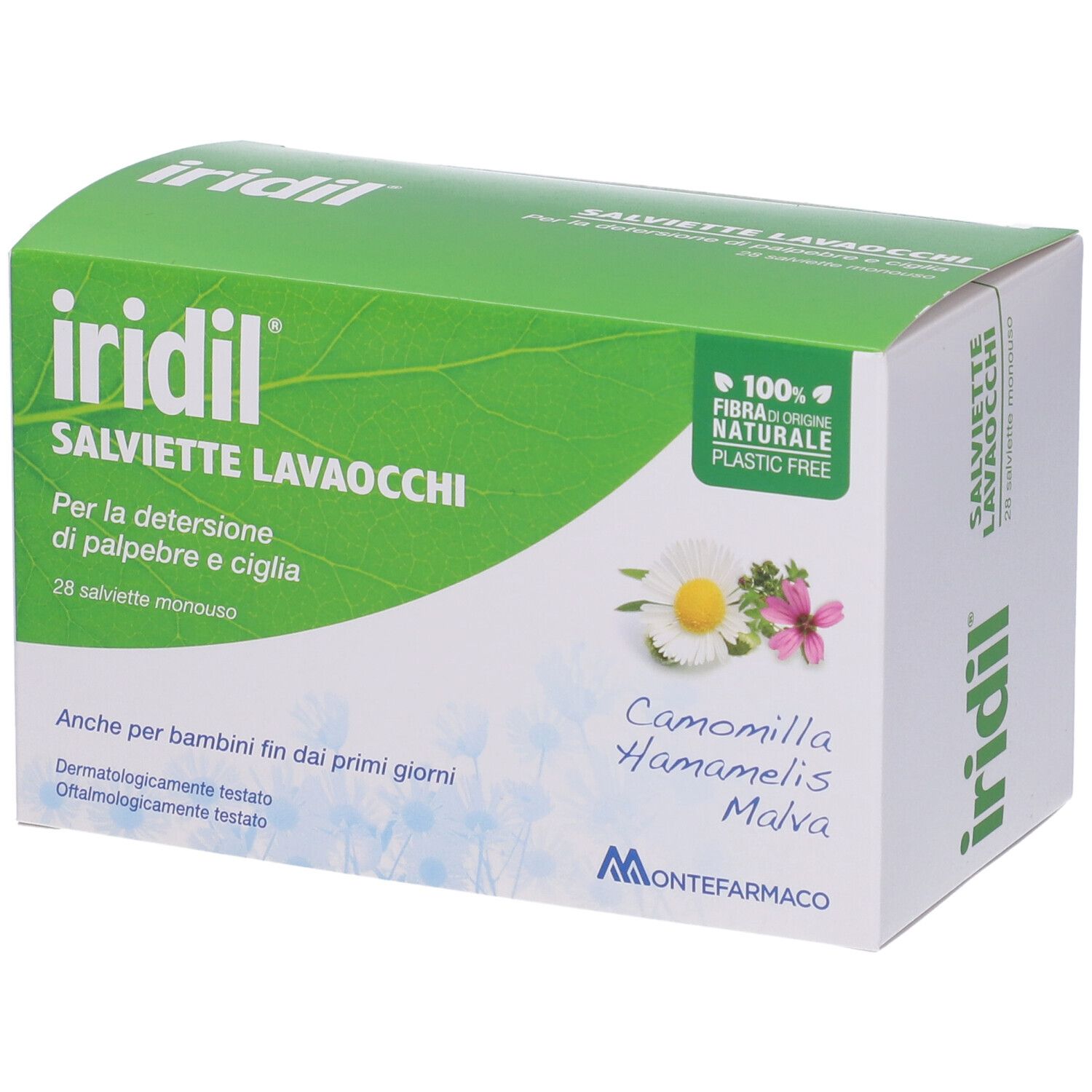 Scatola verde Iridil Salviette Lavaocchi. Contiene 28 salviette monodose. Con Camomilla, Hamamelis e Malva. 100% fibra naturale.