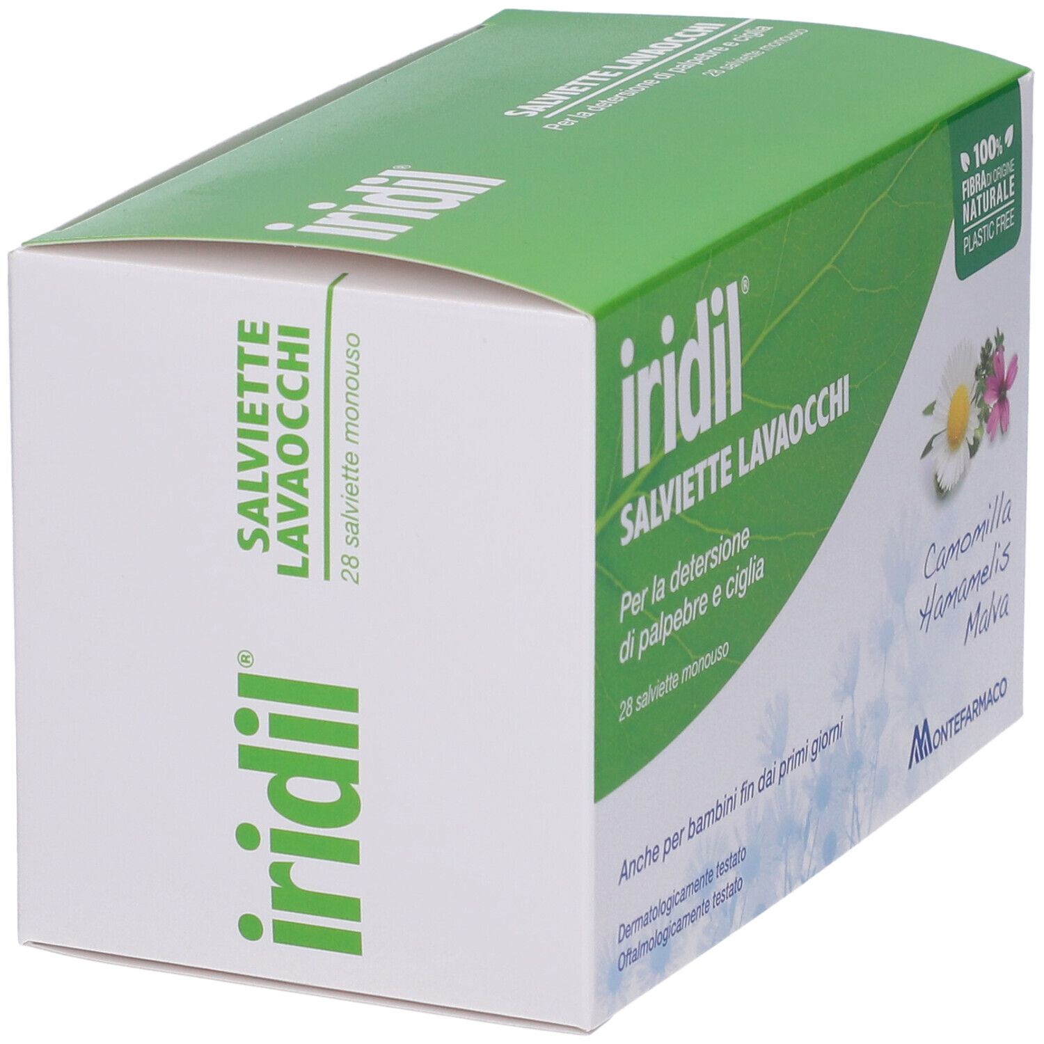 Scatola verde Iridil Salviette Lavaocchi. Contiene 28 salviette monodose. Con Camomilla, Hamamelis e Malva. 100% fibra naturale.