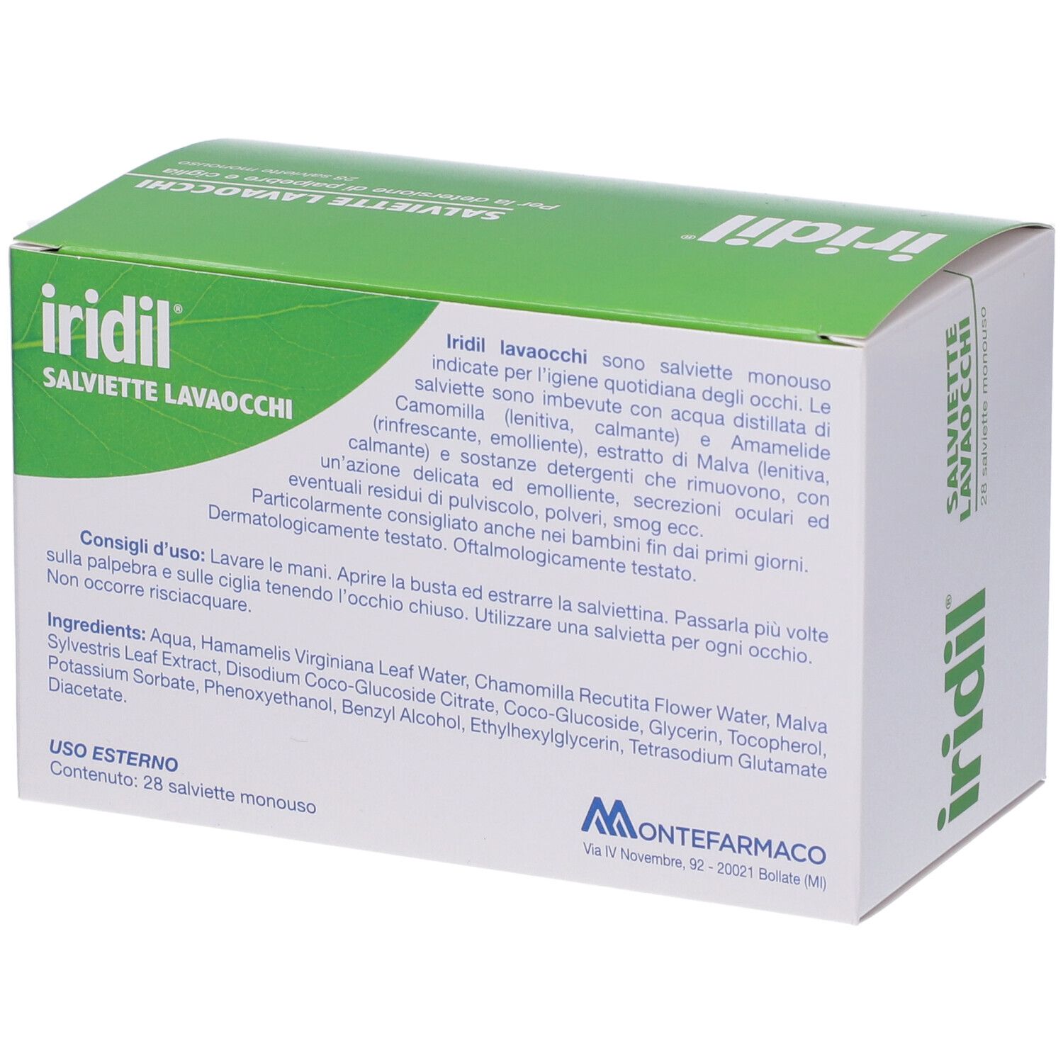 Scatola verde Iridil Salviette Lavaocchi. Contiene 28 salviette monodose. Con Camomilla, Hamamelis e Malva. 100% fibra naturale.