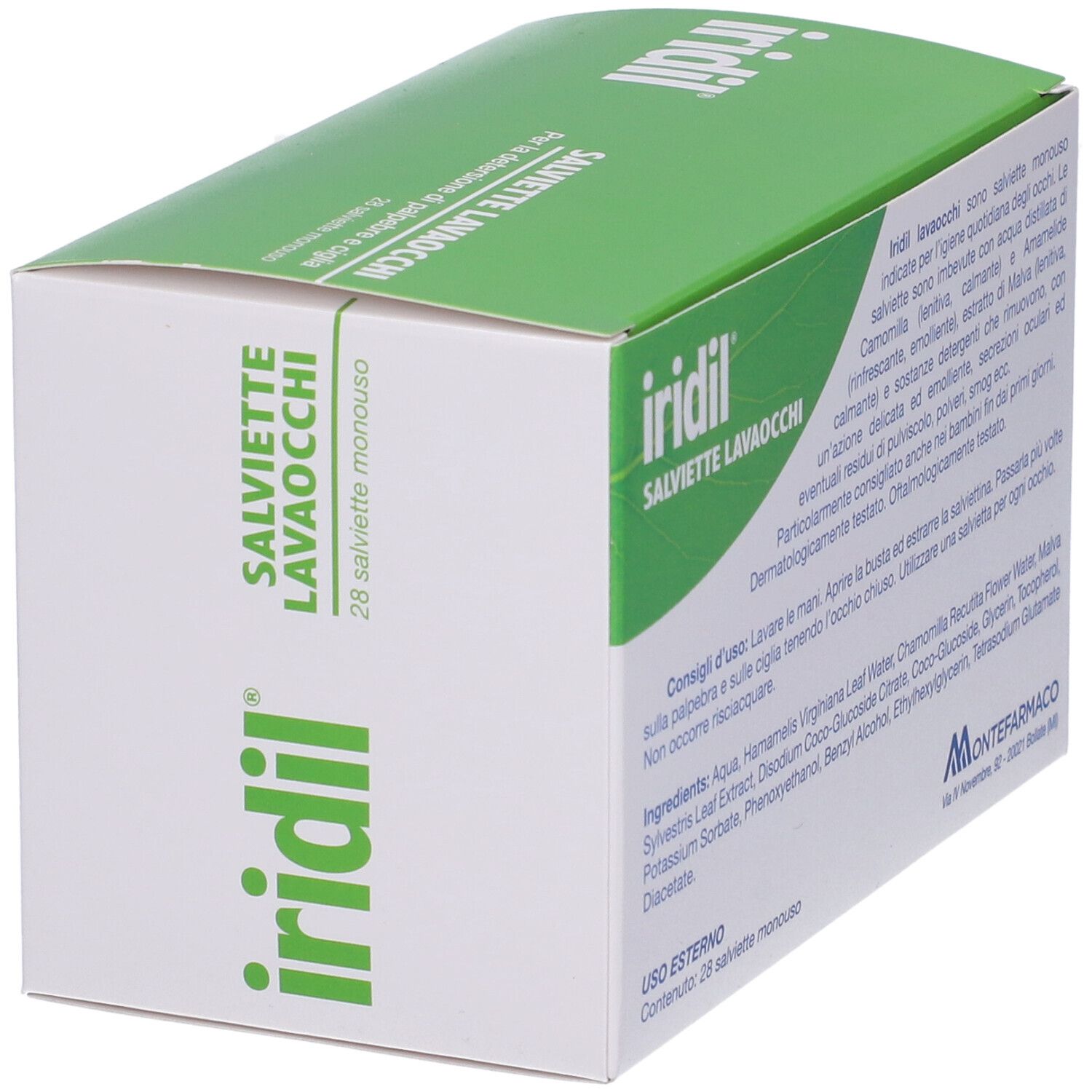 Scatola verde Iridil Salviette Lavaocchi. Contiene 28 salviette monodose. Con Camomilla, Hamamelis e Malva. 100% fibra naturale.