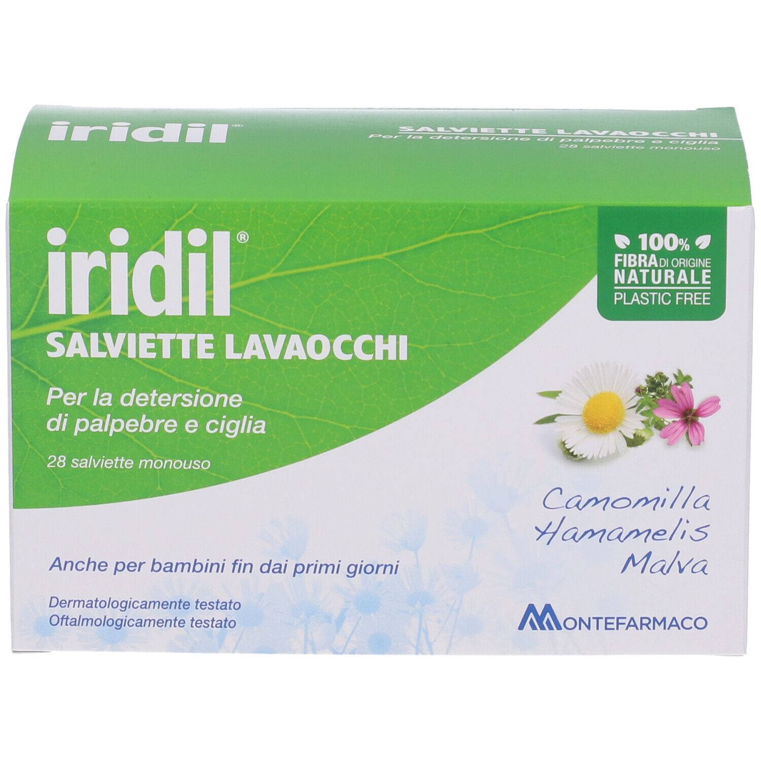 Scatola verde Iridil Salviette Lavaocchi. Contiene 28 salviette monodose. Con Camomilla, Hamamelis e Malva. 100% fibra naturale.