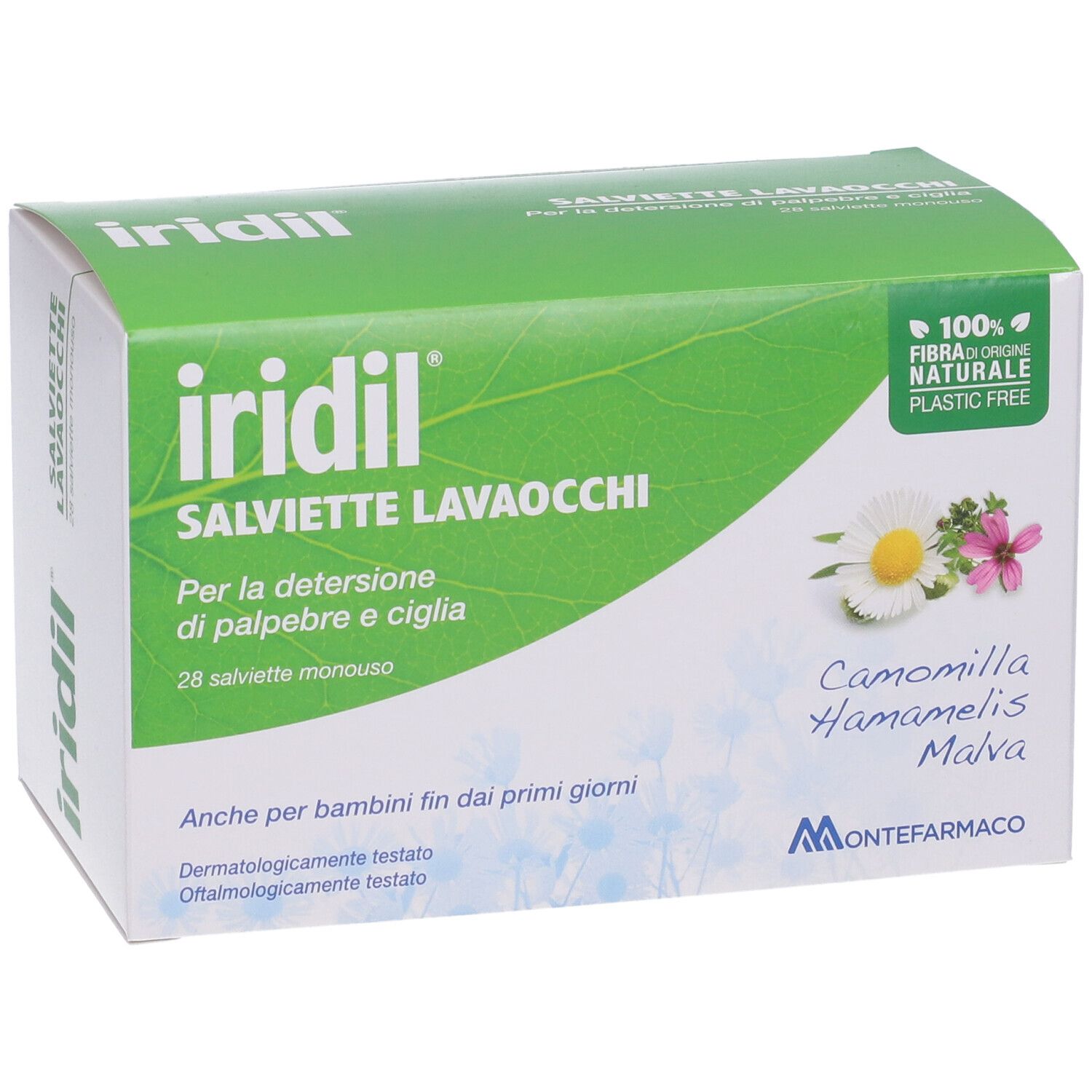 Scatola verde Iridil Salviette Lavaocchi. Contiene 28 salviette monodose. Con Camomilla, Hamamelis e Malva. 100% fibra naturale.