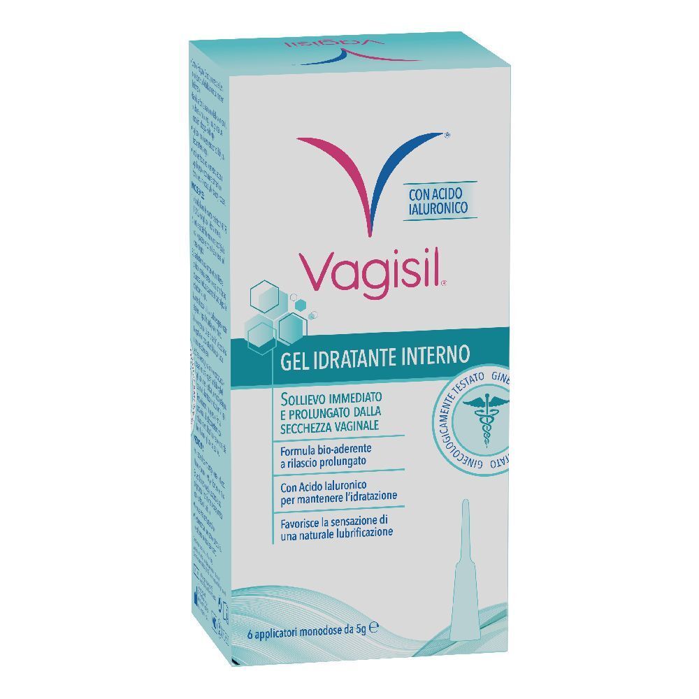 Vagisil Gel Idratante Vaginale. Weiße Schachtel mit Produktinformationen und Logo. Enthält 6 Applikatoren.