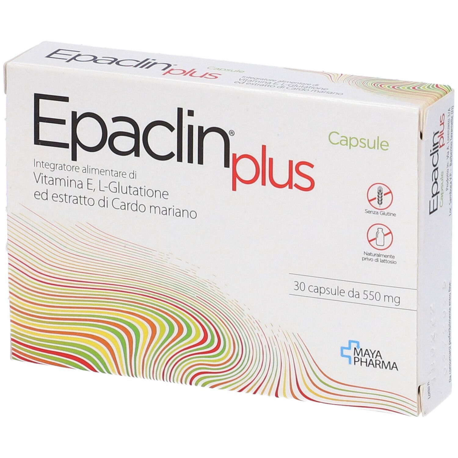 Scatola di capsule Epaclin plus. Scritta: 30 capsule da 550 mg. Logo Maya Pharma. Senza glutine, senza lattosio.