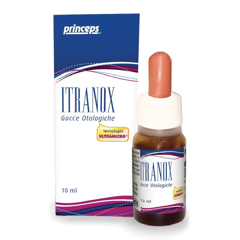 Flacone contagocce marrone con punta rossa e confezione. Scritta: Itranox Gocce Otologiche, 10 ml.