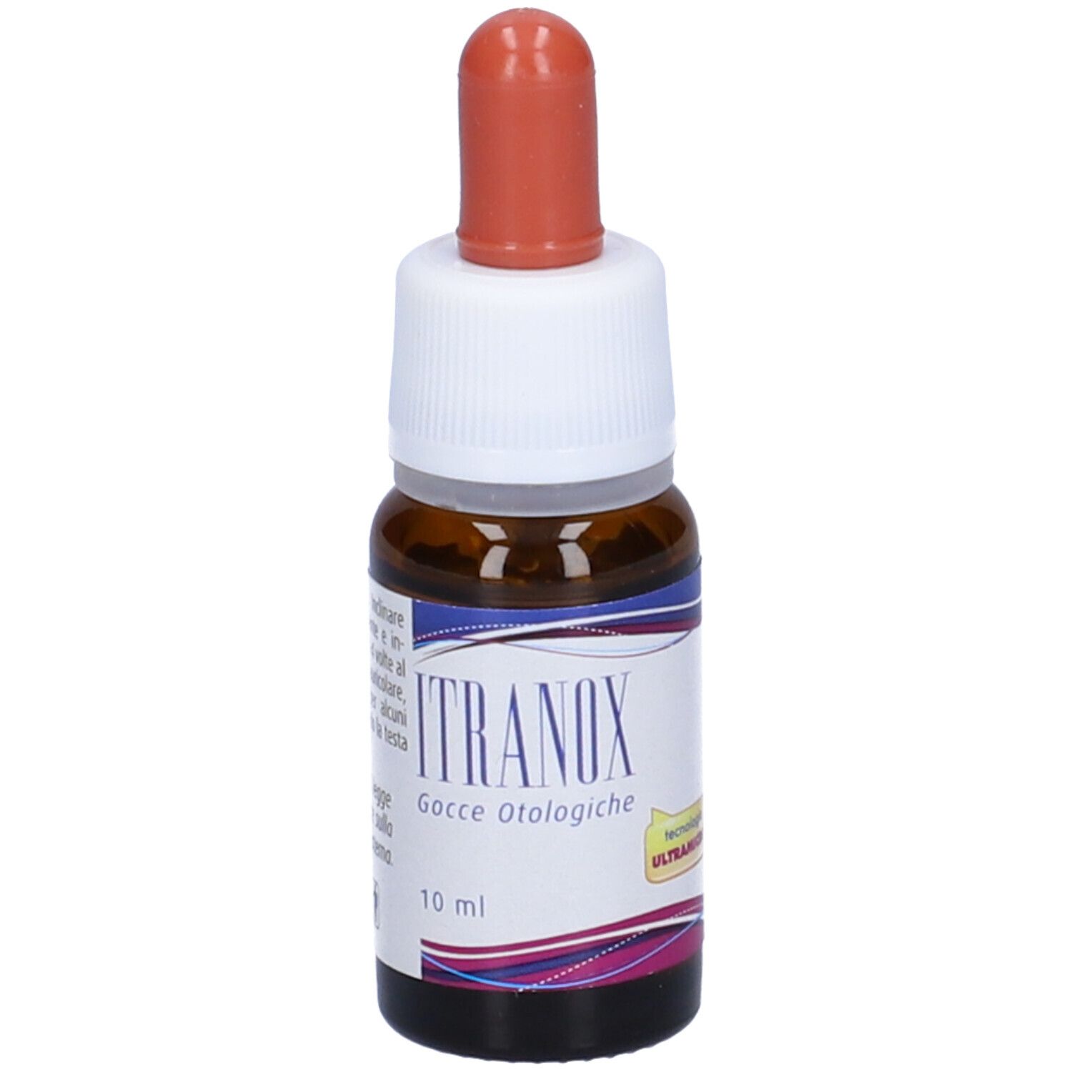 Flacone contagocce marrone con punta rossa. Scritta: Itranox Gocce Otologiche, 10 ml. Con adesivo giallo.