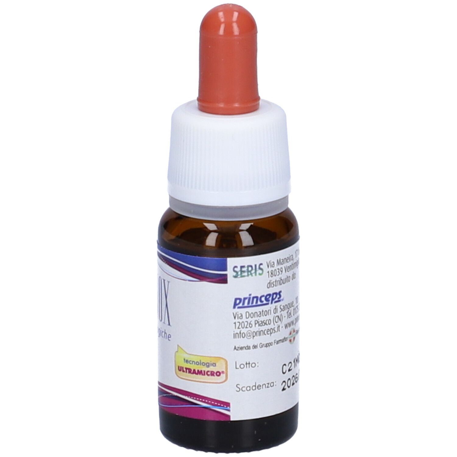 Flacone contagocce marrone con punta rossa. Scritta: Itranox Gocce Otologiche, 10 ml. Con adesivo giallo.