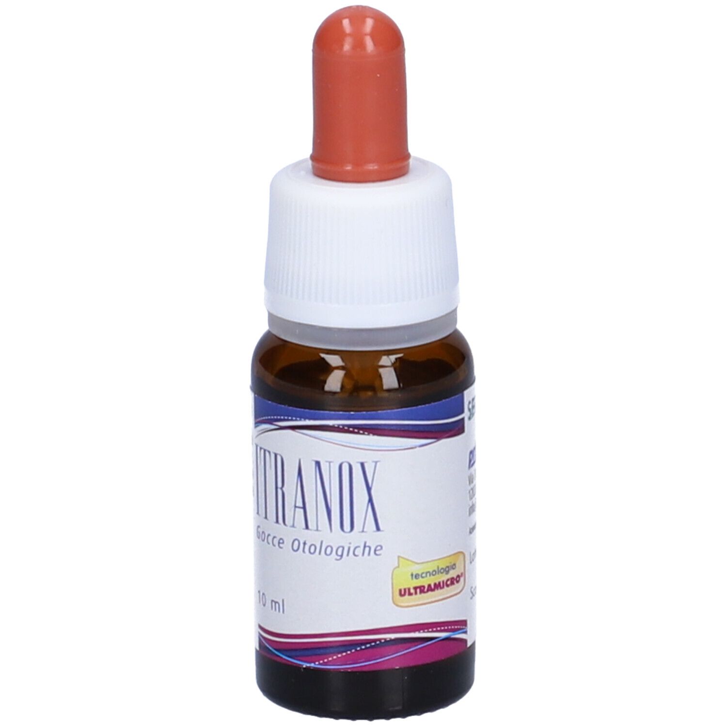 Flacone contagocce marrone con punta rossa. Scritta: Itranox Gocce Otologiche, 10 ml. Con adesivo giallo.
