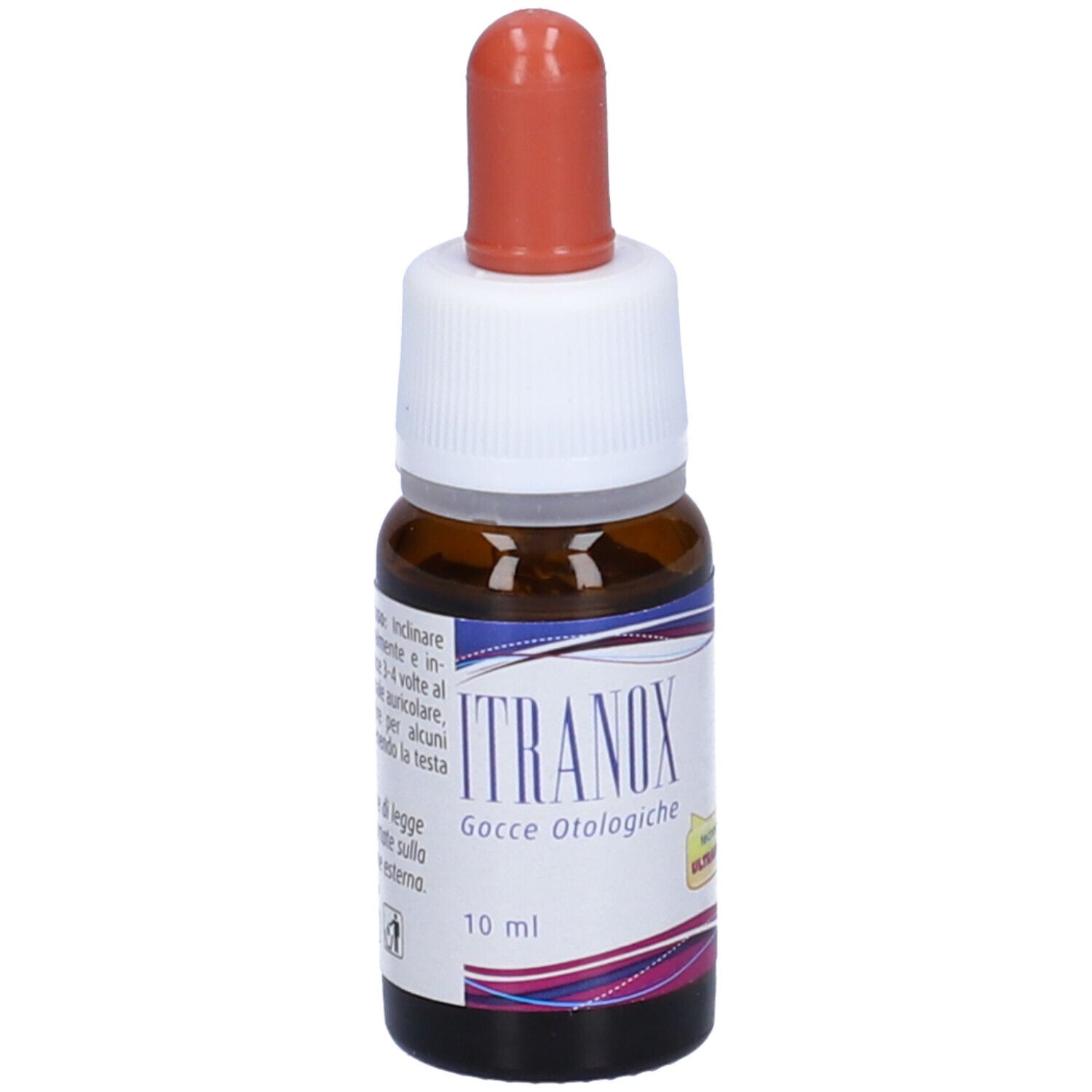 Flacone contagocce marrone con punta rossa. Scritta: Itranox Gocce Otologiche, 10 ml. Con adesivo giallo.