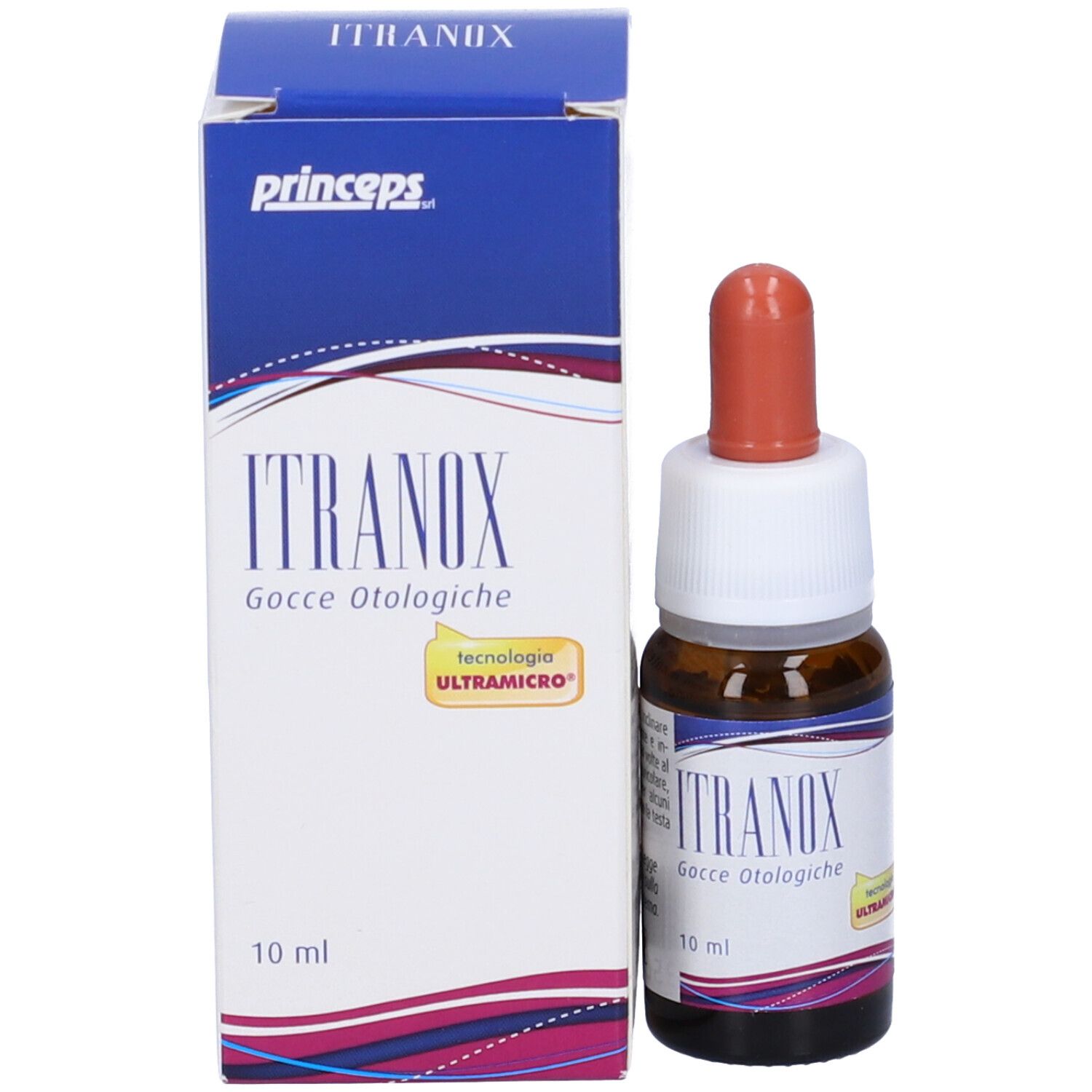 Flacone contagocce marrone con punta rossa e confezione. Scritta: Itranox Gocce Otologiche, 10 ml.