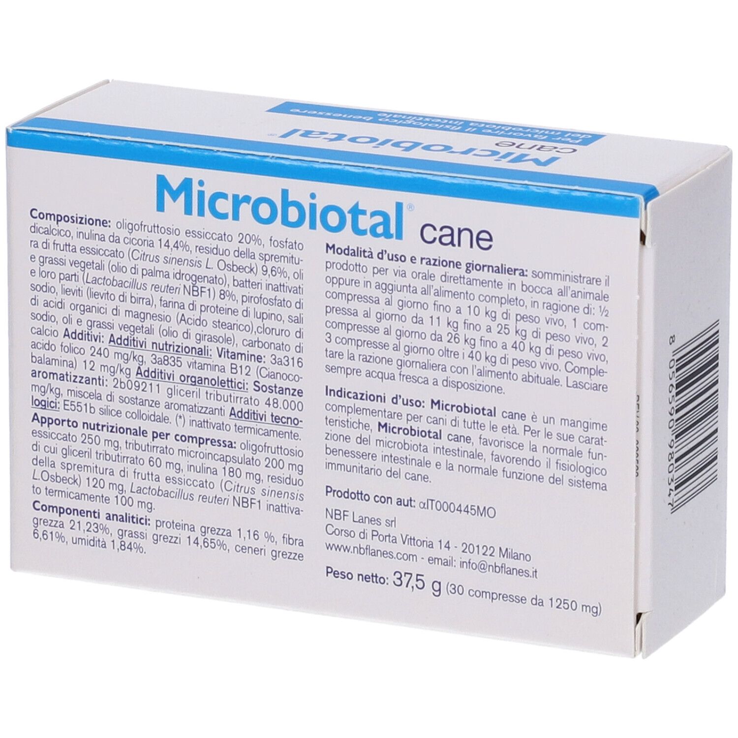 Scatola bianca con testo blu. Scritto: Microbiotal cane. Ingredienti e istruzioni per l'uso.