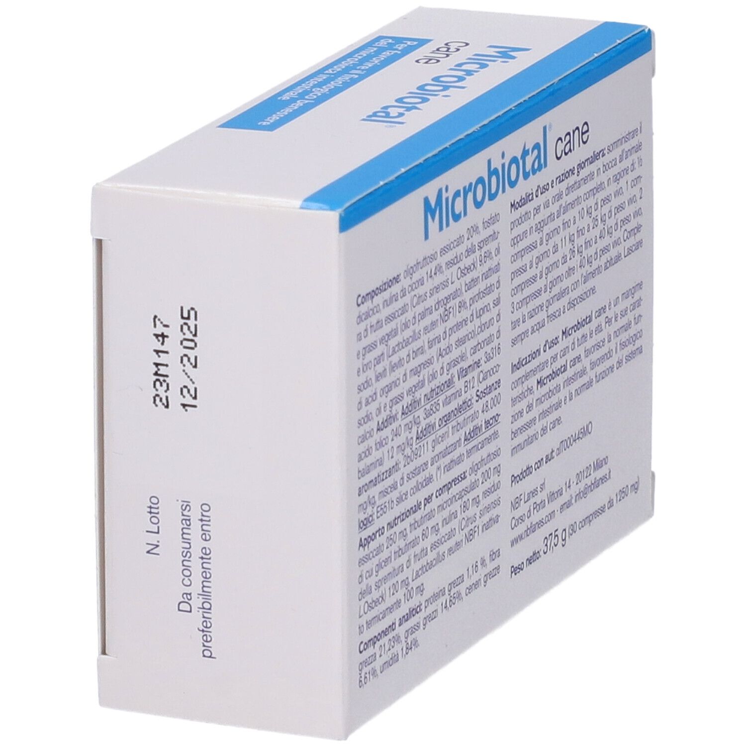 Scatola bianca con testo blu. Scritto: Microbiotal cane. Data di scadenza.