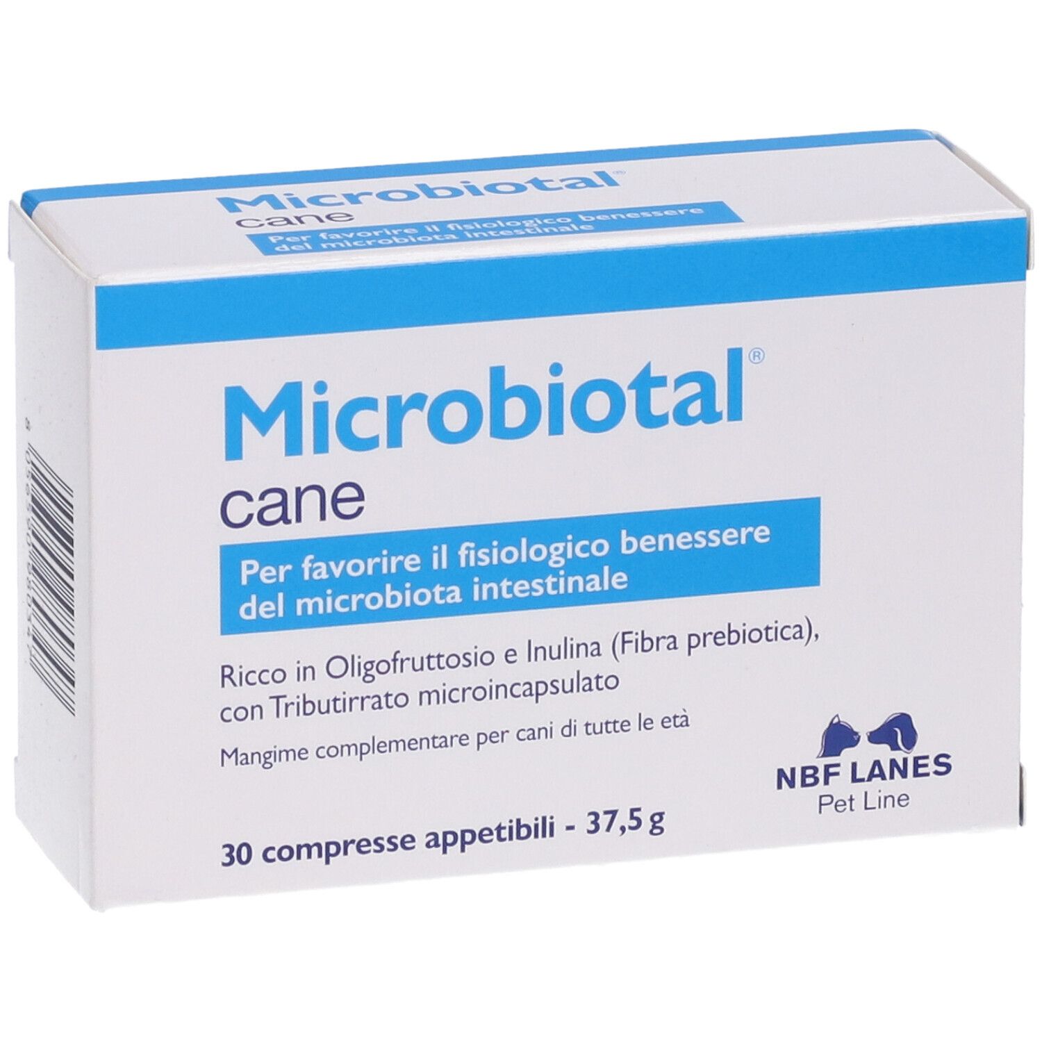 Scatola bianca con testo blu. Scritto: Microbiotal cane. 30 compresse. NBF Lanes.