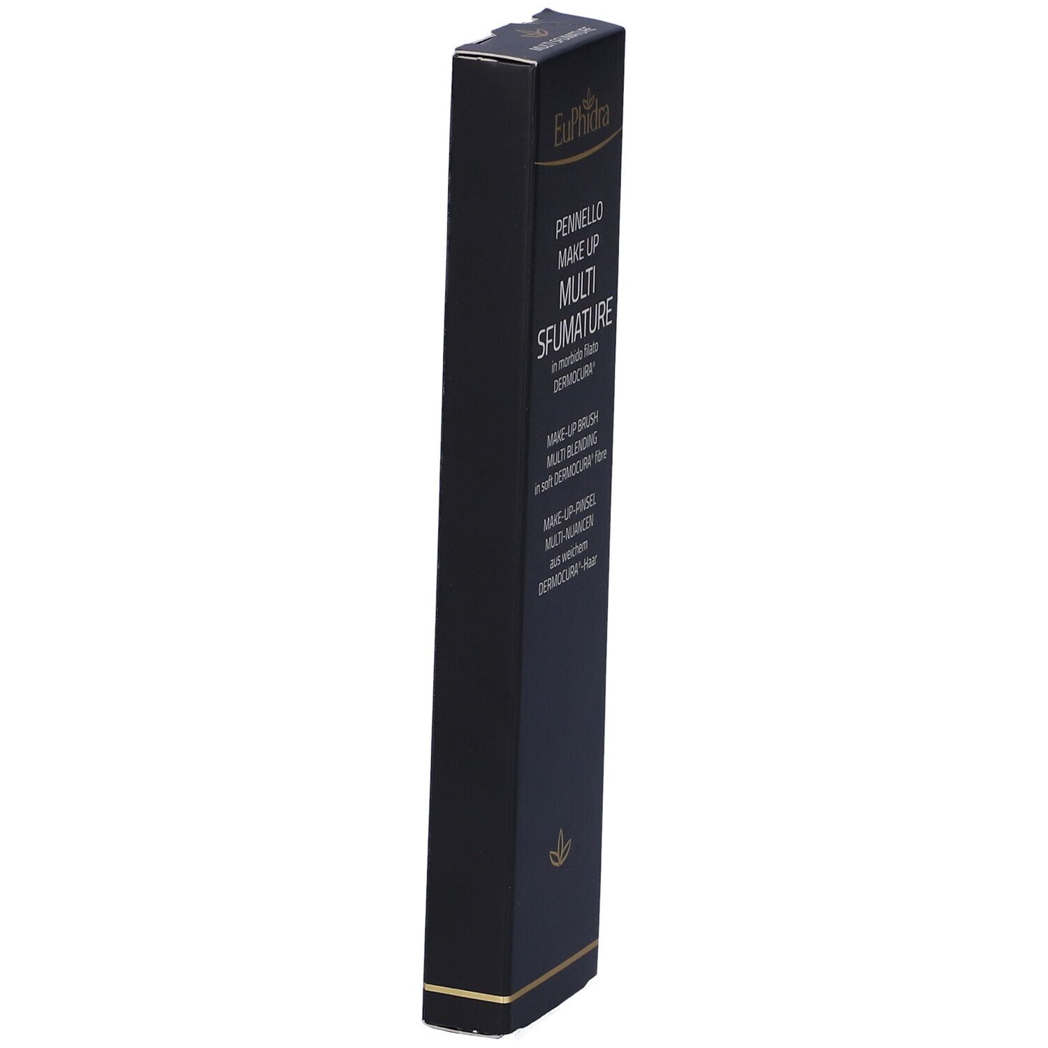 Confezione nera per pennello trucco. Scritta: Euphidra, Pennello Multi Sfumature. Descrizione multilingue del prodotto.