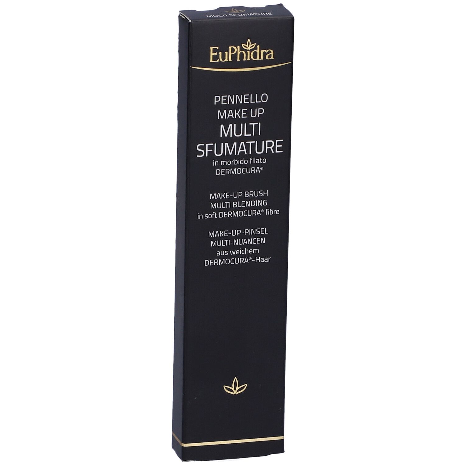 Confezione nera per pennello trucco. Scritta: Euphidra, Pennello Multi Sfumature. Descrizione multilingue del prodotto.