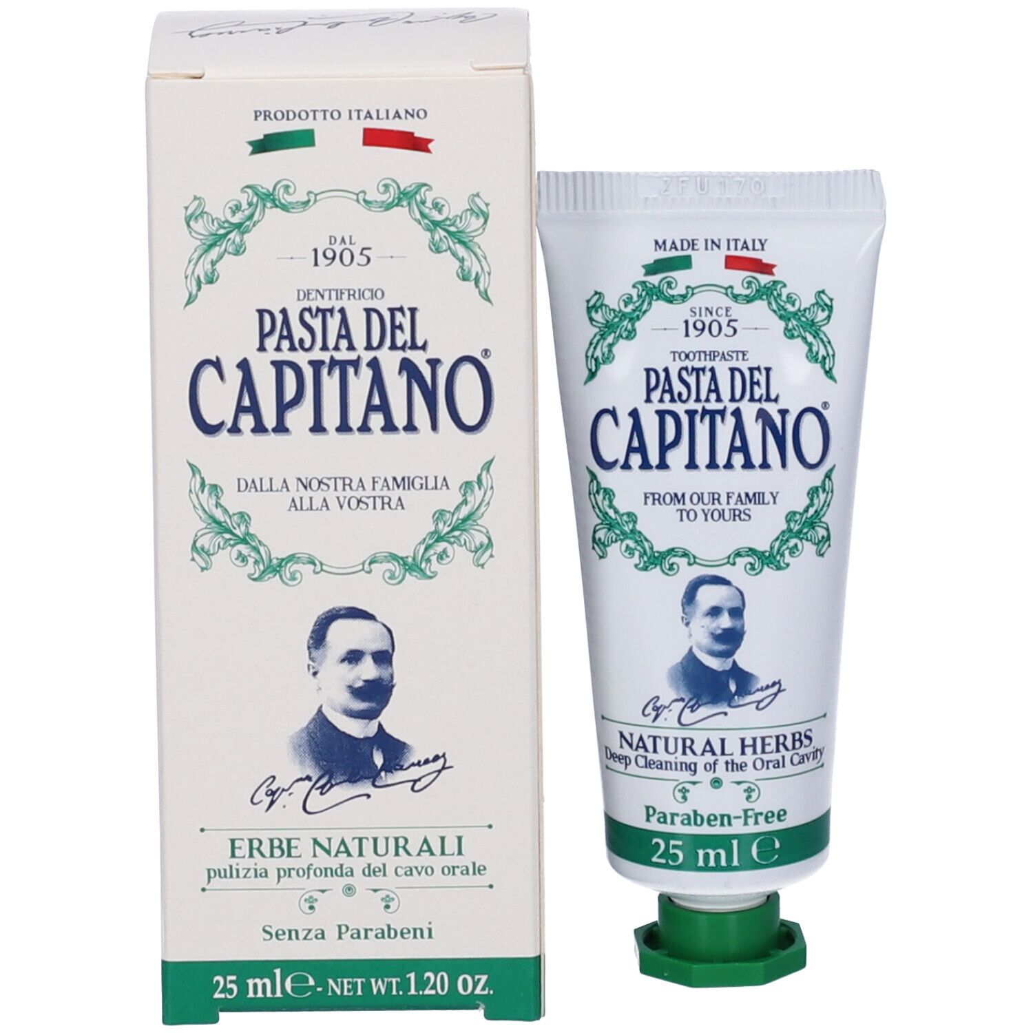 Zahnpasta-Tube und Schachtel. Aufschrift: Pasta del Capitano, Erbe Naturali, 25 ml. Weiße Verpackung.