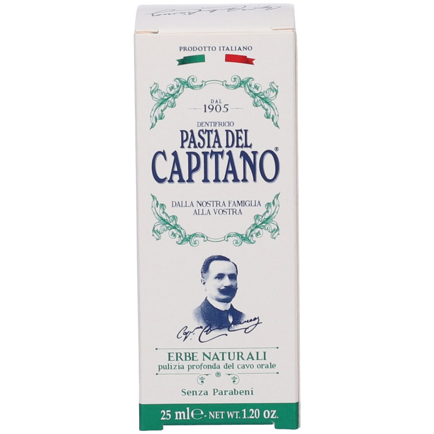 Weiße Schachtel mit Zahnpasta-Logo und Text. Aufschrift: Pasta del Capitano, Erbe Naturali, 25 ml.