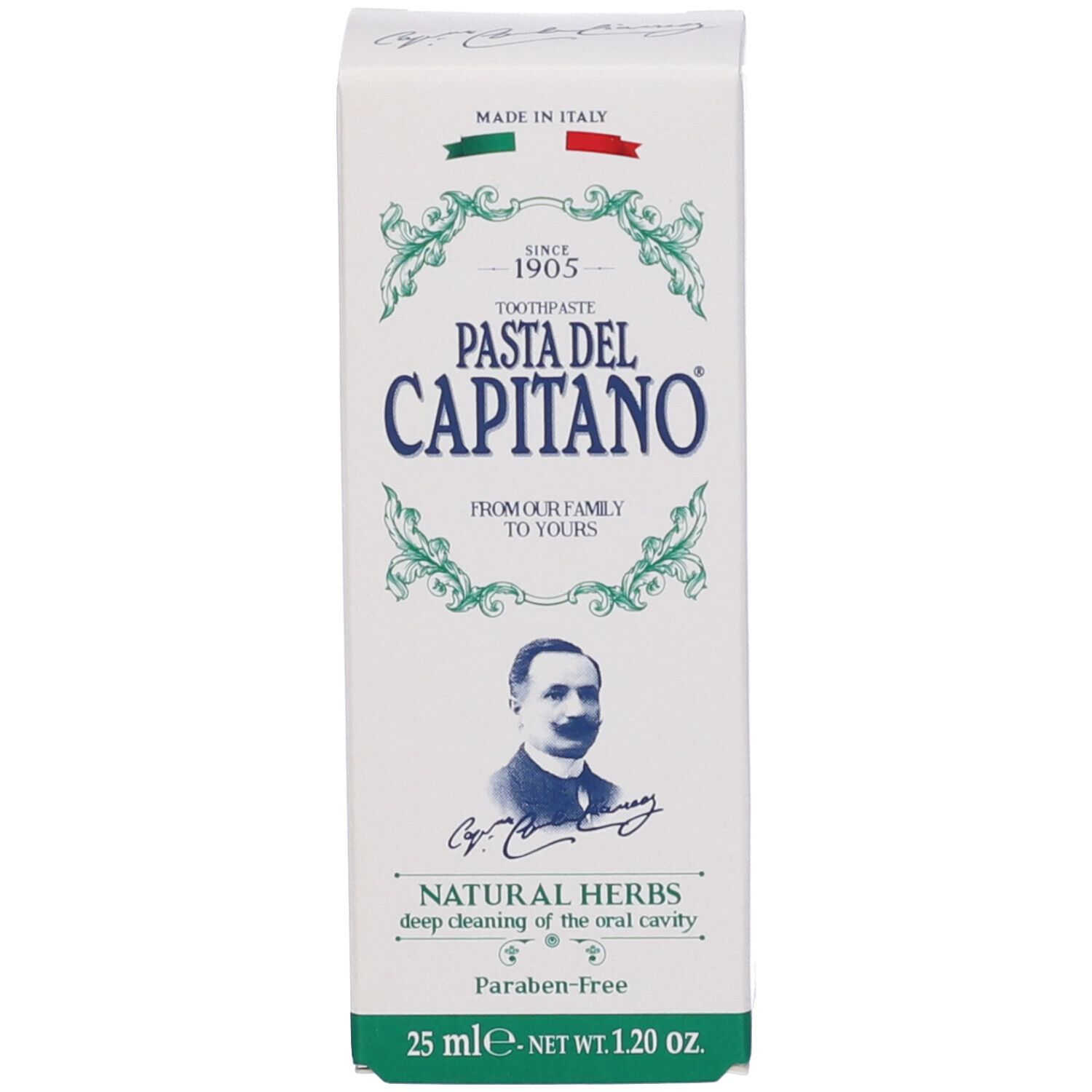 Weiße Schachtel mit Zahnpasta-Logo und Text. Aufschrift: Pasta del Capitano, Erbe Naturali, 25 ml.