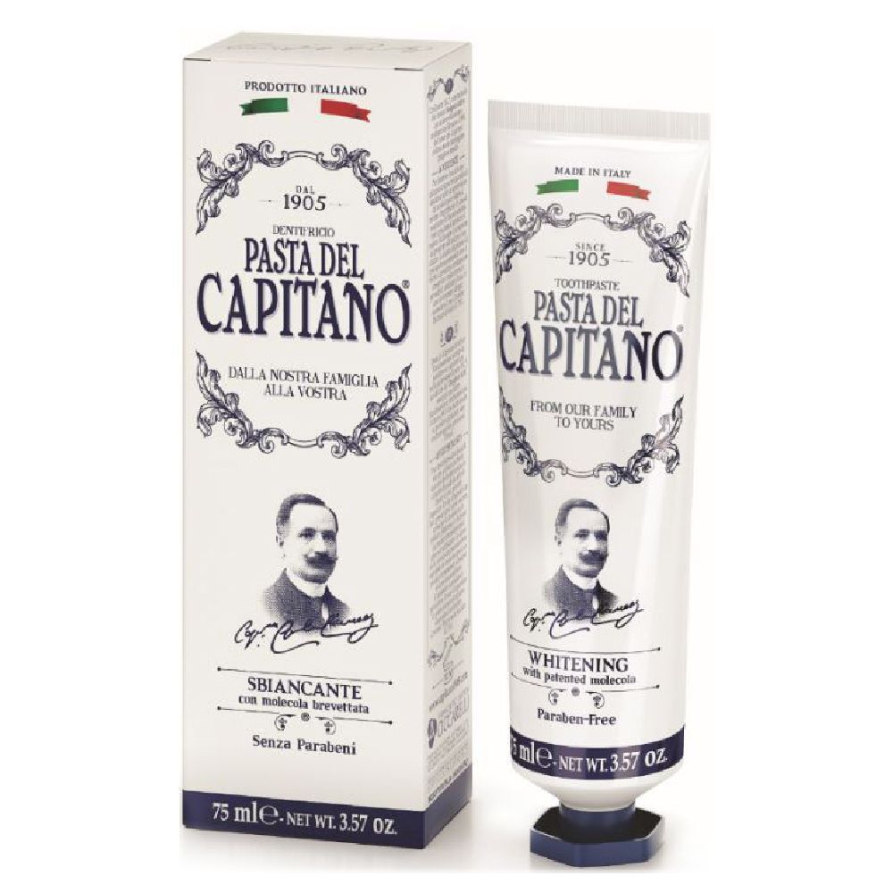 Tubo e scatola di dentifricio. Scritta: Pasta del Capitano, Sbiancante. Contiene 75 ml.