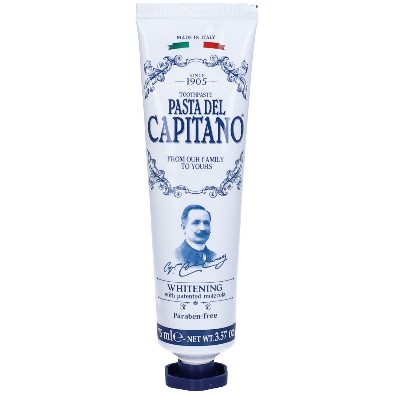 Tubo di dentifricio. Scritta: Pasta del Capitano, Whitening. Contiene 75 ml.