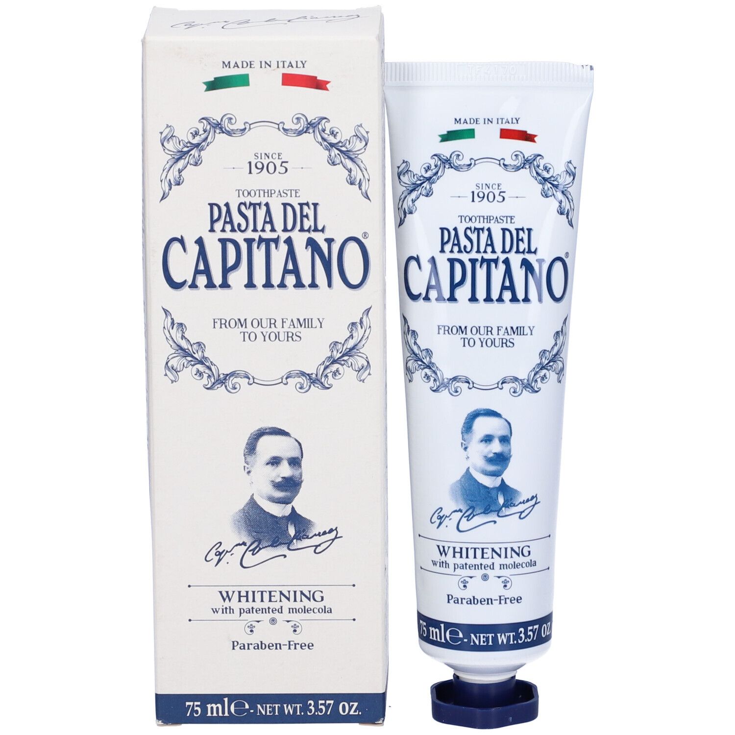 Tubo e scatola di dentifricio. Scritta: Pasta del Capitano, Whitening. Contiene 75 ml.