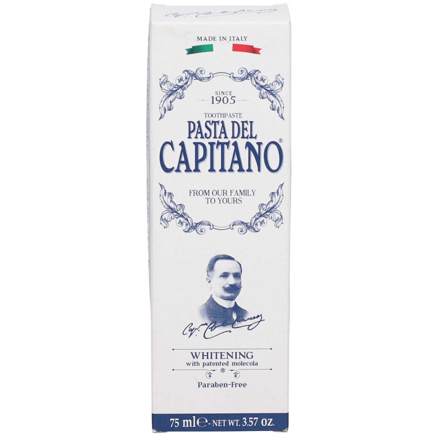 Scatola di dentifricio. Scritta: Pasta del Capitano, Whitening. Contiene 75 ml.