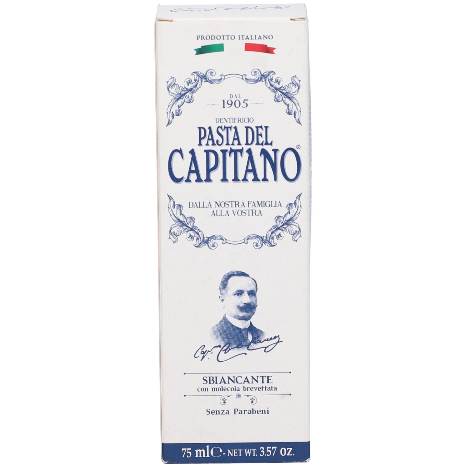 Scatola di dentifricio. Scritta: Pasta del Capitano, Sbiancante. Contiene 75 ml.
