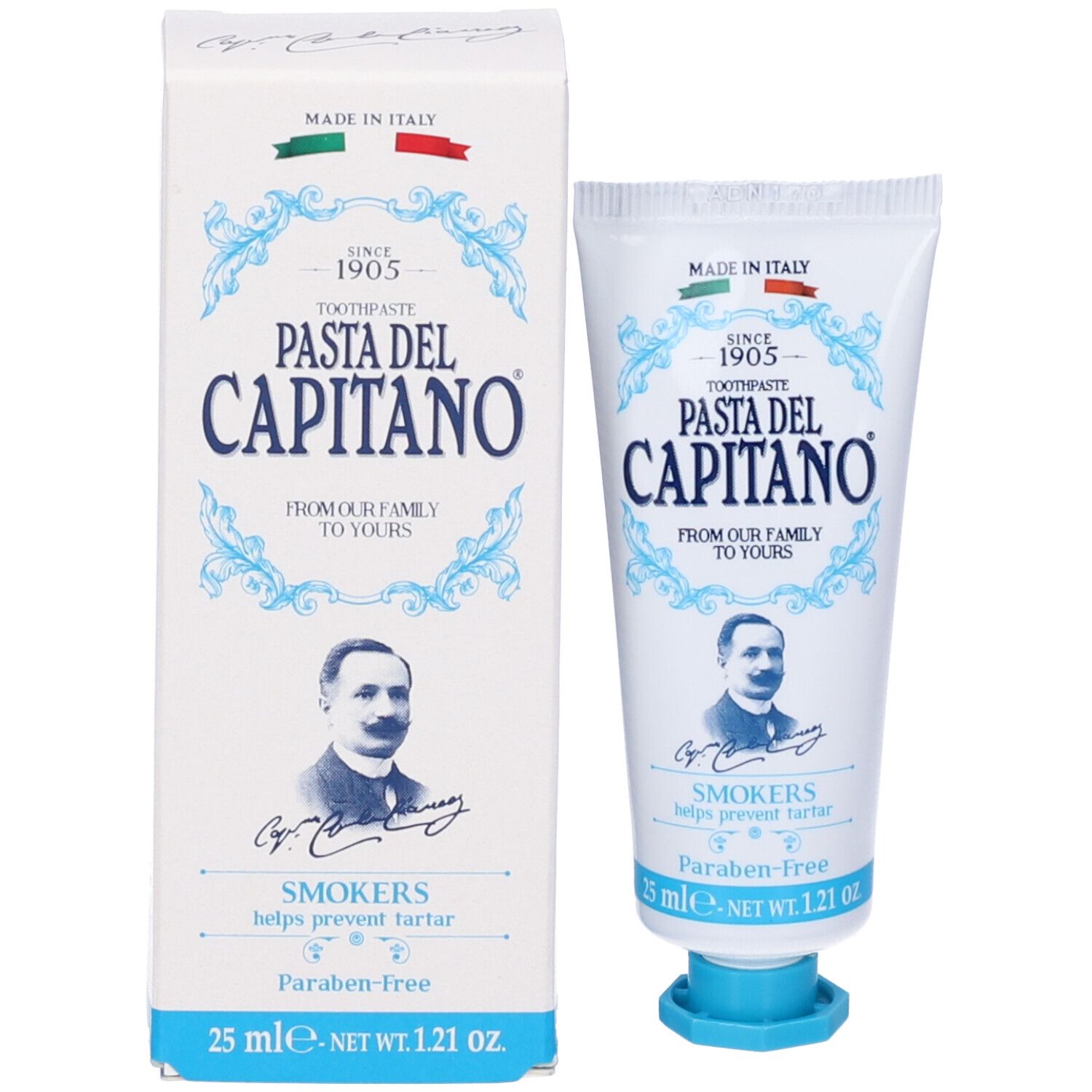 Zahncreme-Tube und Schachtel. Aufschrift: Pasta del Capitano, für Raucher. 25 ml. Schachtel und Tube weiß-blau.